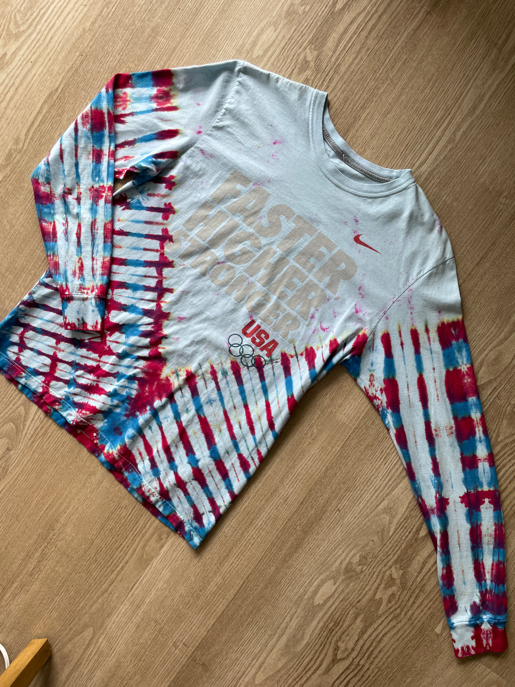 LARGE Men’s Nike Team USA Faster Higher Stronger Handmade Tie Dye T-Shirt | One-Of-a-Kind Red, White, and Blue Long Sleeve