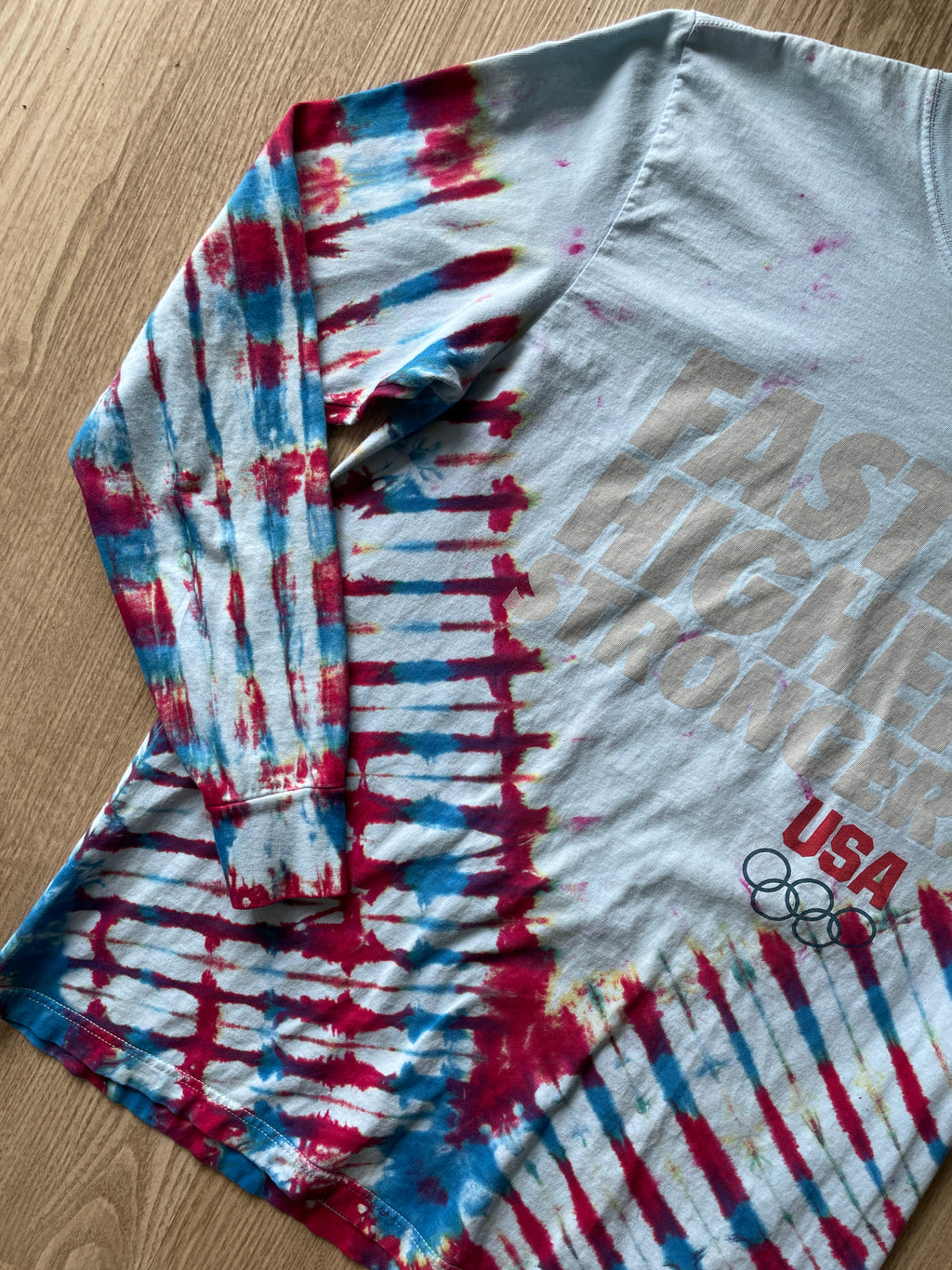 LARGE Men’s Nike Team USA Faster Higher Stronger Handmade Tie Dye T-Shirt | One-Of-a-Kind Red, White, and Blue Long Sleeve