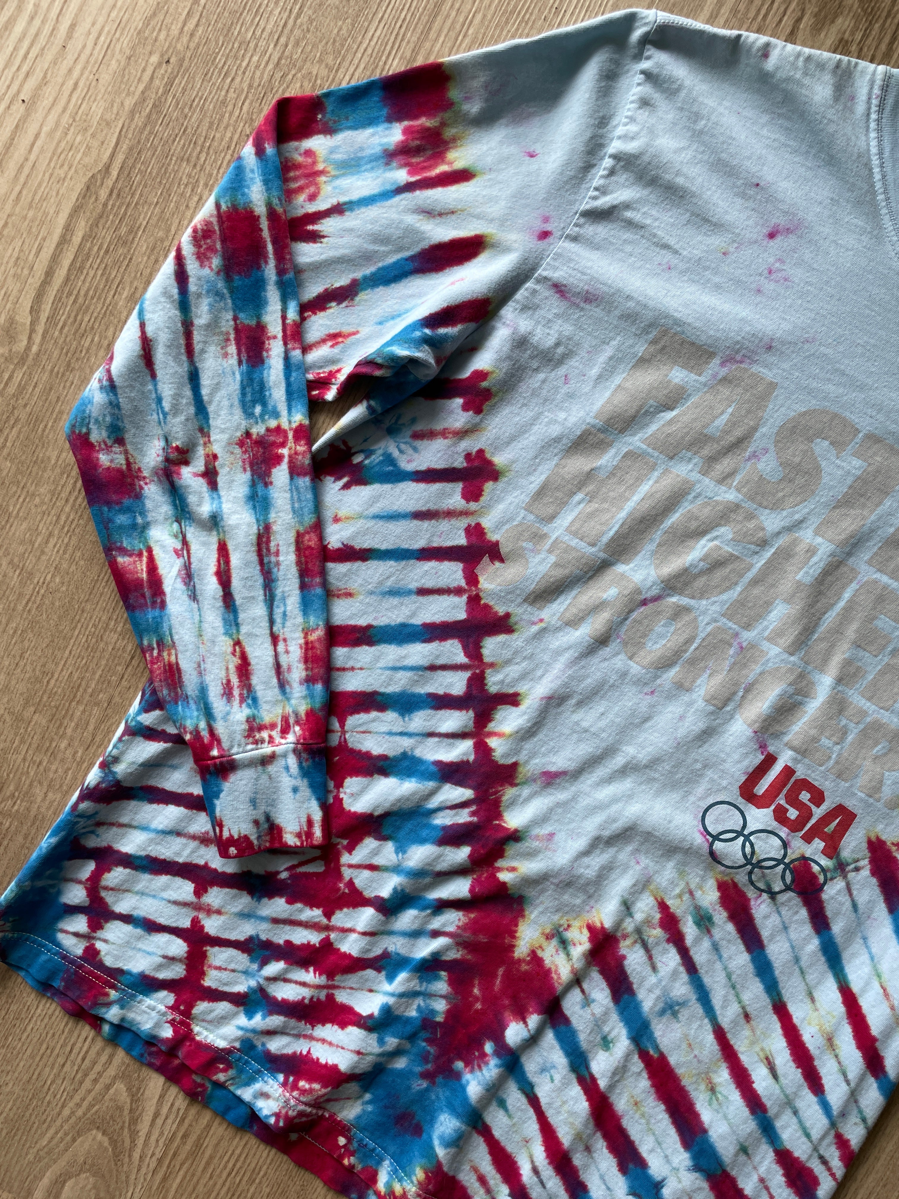 LARGE Men’s Nike Team USA Faster Higher Stronger Handmade Tie Dye T-Shirt | One-Of-a-Kind Red, White, and Blue Long Sleeve