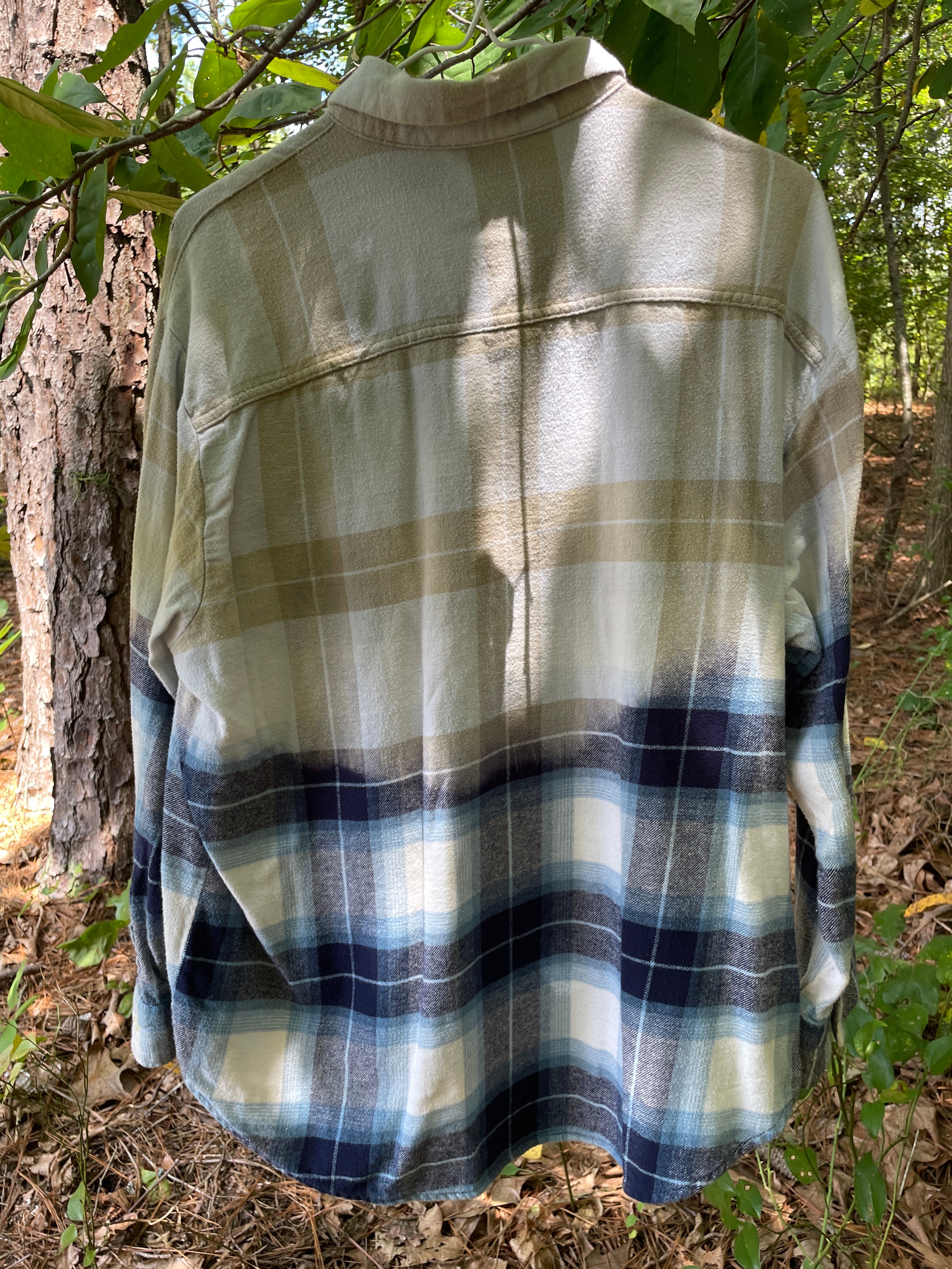 LARGE Women’s Old Navy Handmade Dip Dyed Flannel Shirt | One-Of-a-Kind Upcycled Long Sleeve with Ski Boot Block Print
