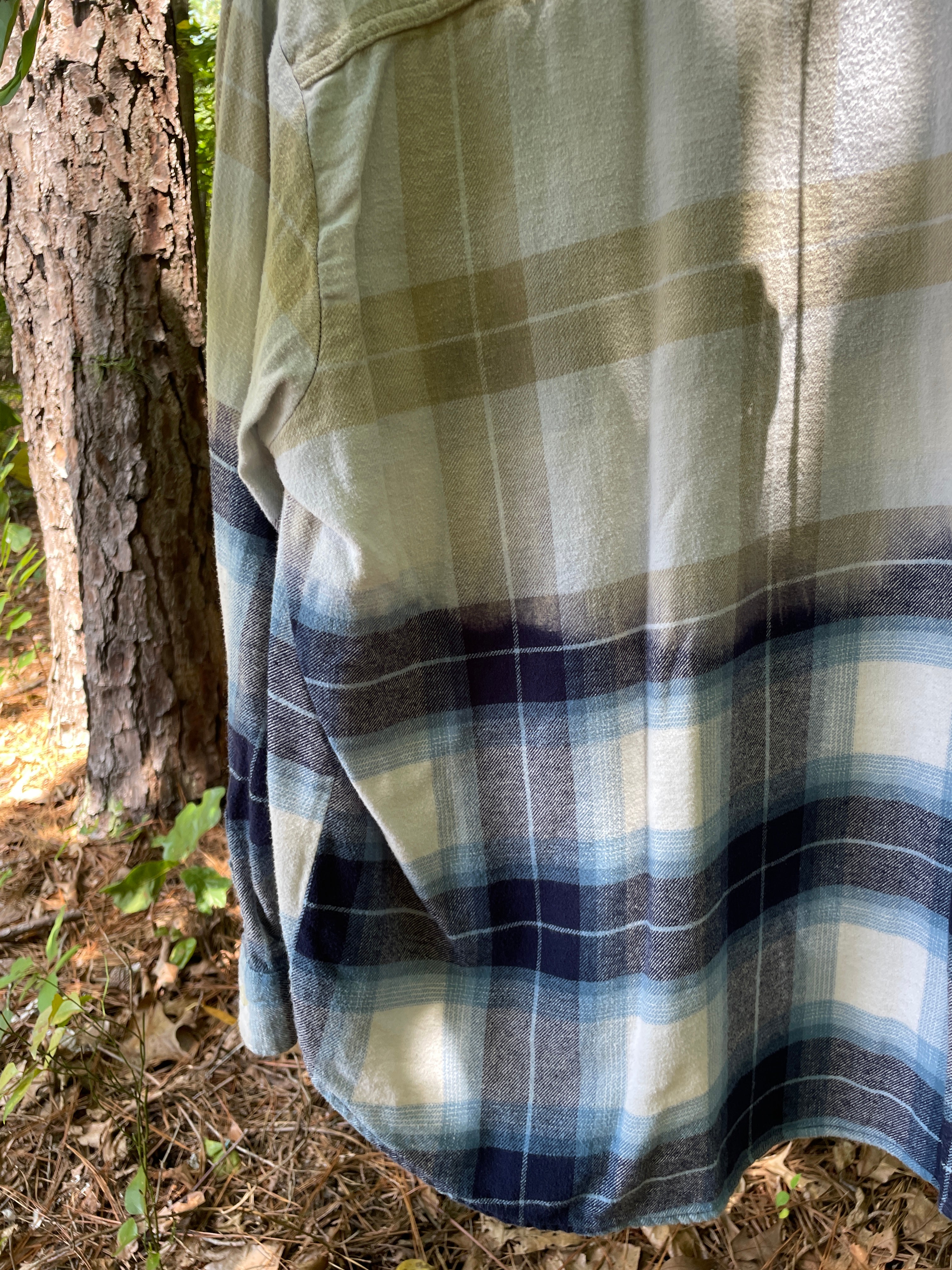 LARGE Women’s Old Navy Handmade Dip Dyed Flannel Shirt | One-Of-a-Kind Upcycled Long Sleeve with Ski Boot Block Print