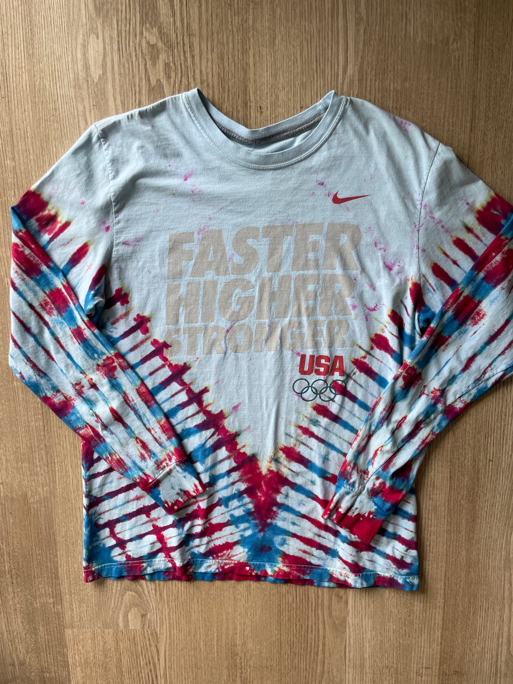 LARGE Men’s Nike Team USA Faster Higher Stronger Handmade Tie Dye T-Shirt | One-Of-a-Kind Red, White, and Blue Long Sleeve