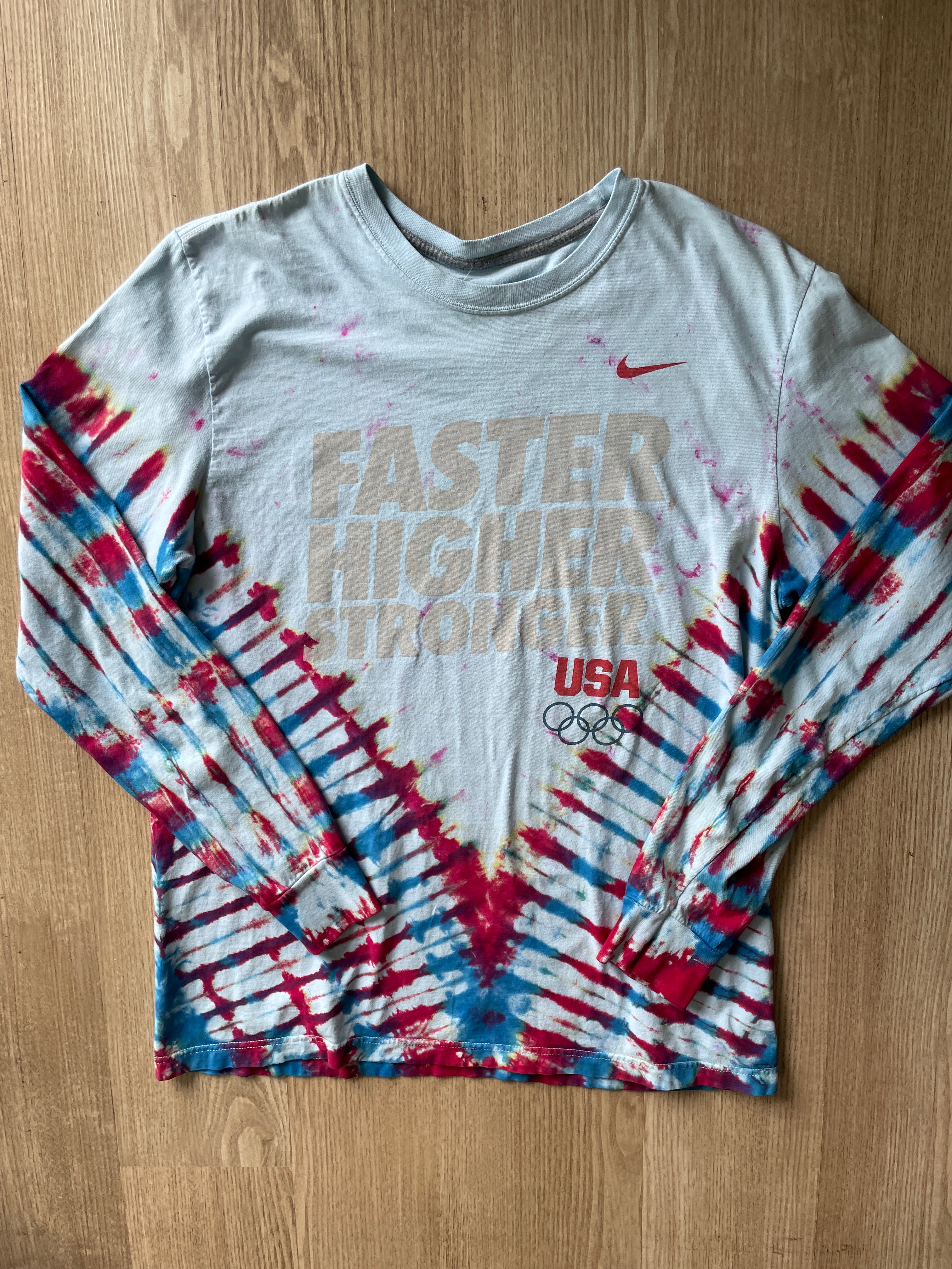 LARGE Men’s Nike Team USA Faster Higher Stronger Handmade Tie Dye T-Shirt | One-Of-a-Kind Red, White, and Blue Long Sleeve