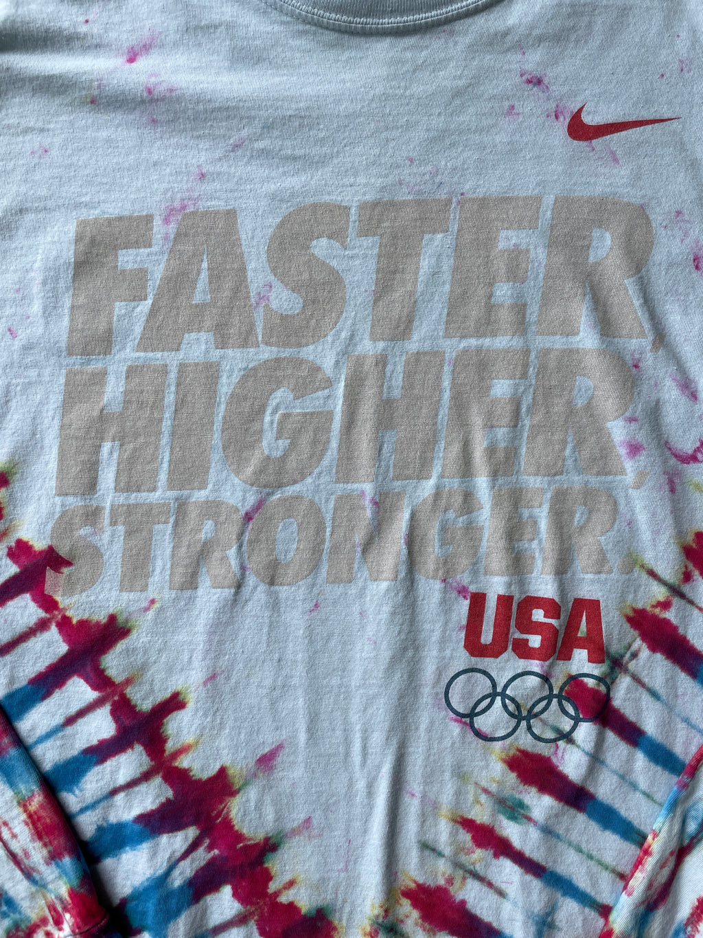 LARGE Men’s Nike Team USA Faster Higher Stronger Handmade Tie Dye T-Shirt | One-Of-a-Kind Red, White, and Blue Long Sleeve
