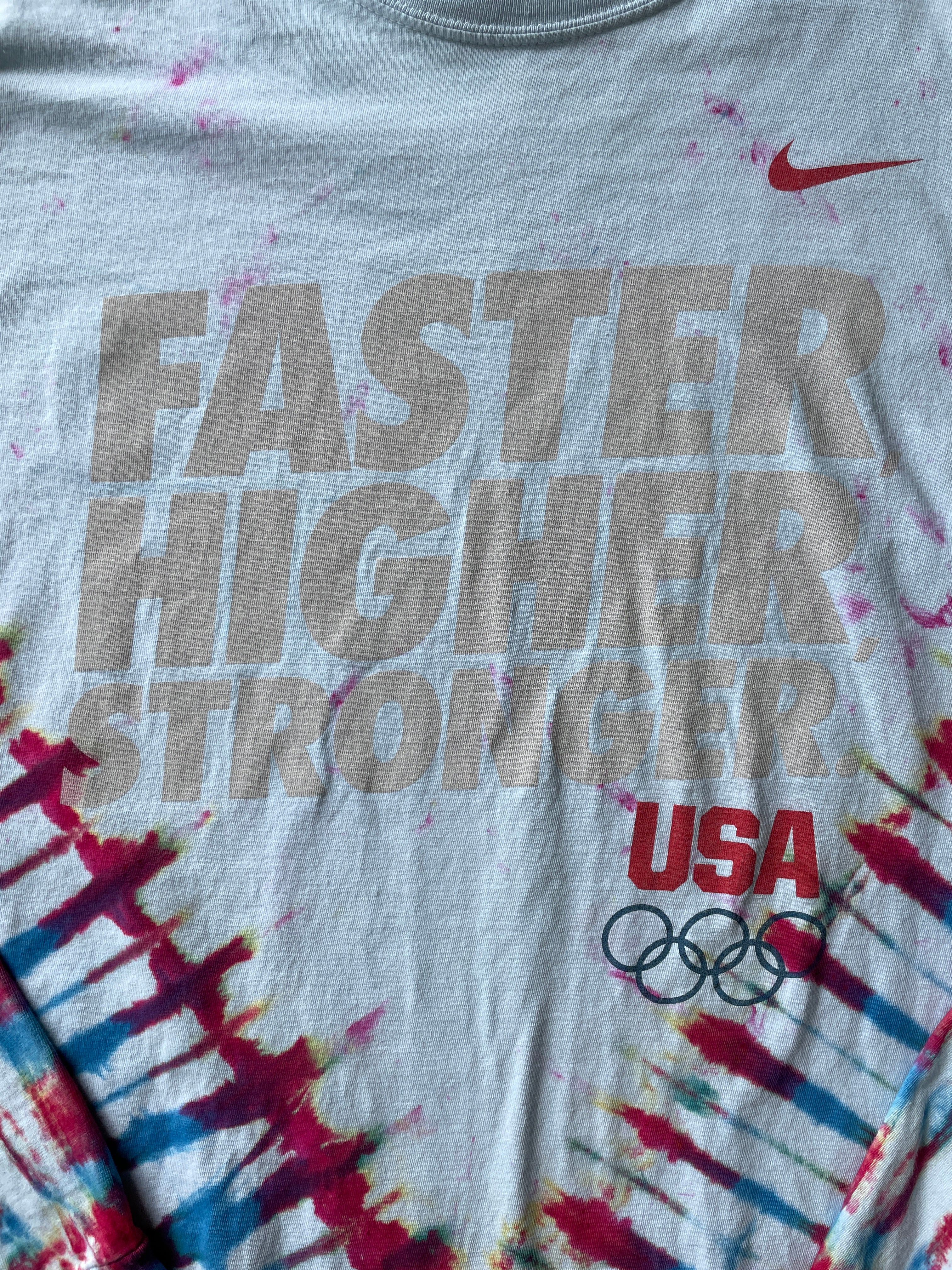 LARGE Men’s Nike Team USA Faster Higher Stronger Handmade Tie Dye T-Shirt | One-Of-a-Kind Red, White, and Blue Long Sleeve