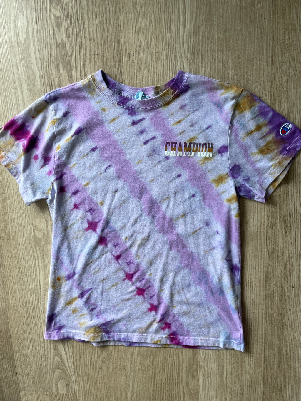 MEDIUM Women’s Champion Handmade Tie Dye T-Shirt | One-Of-a-Kind Pink and Gold Short Sleeve