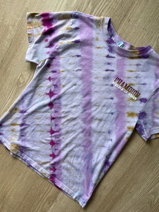 MEDIUM Women’s Champion Handmade Tie Dye T-Shirt | One-Of-a-Kind Pink and Gold Short Sleeve