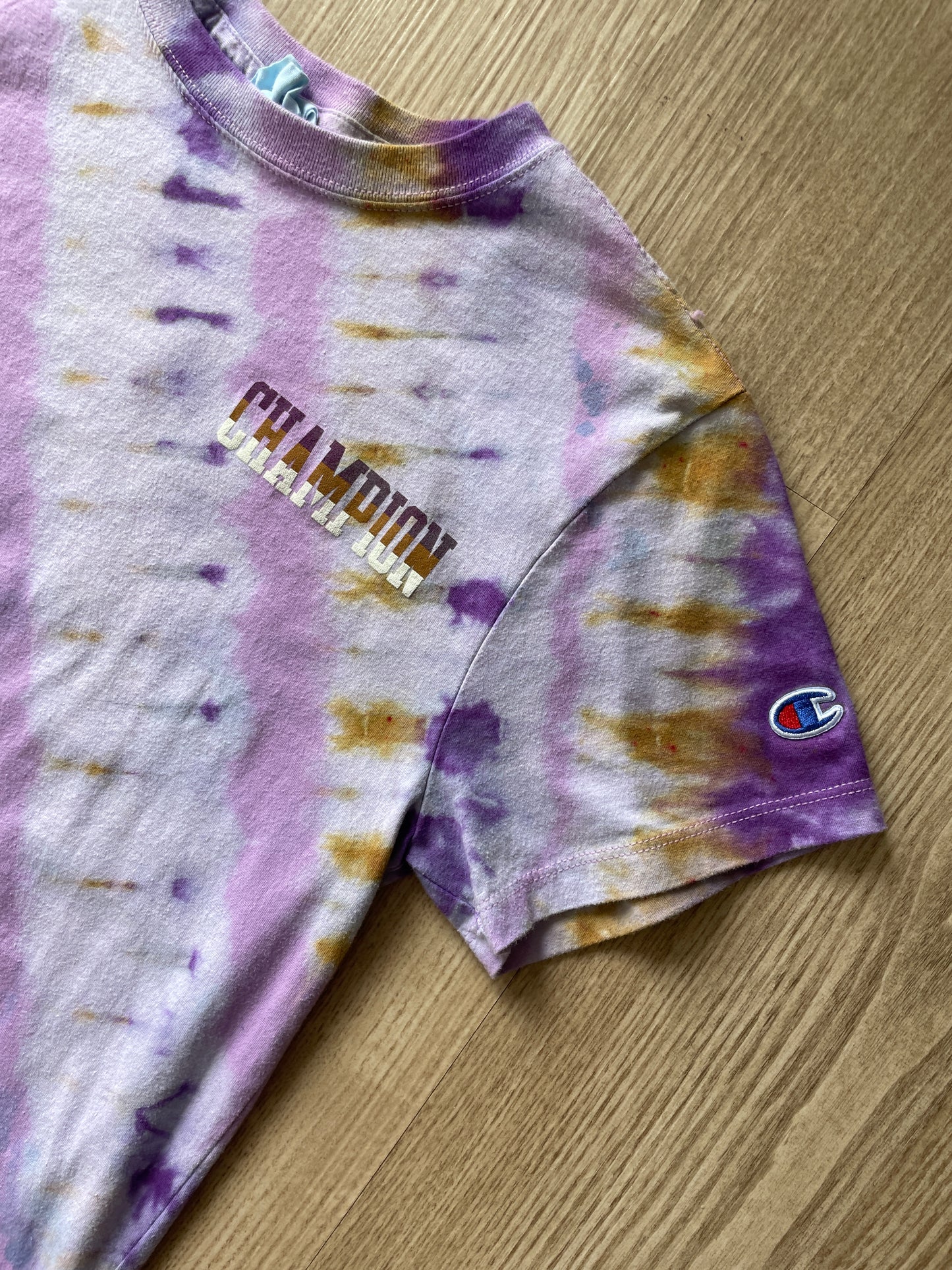 MEDIUM Women’s Champion Handmade Tie Dye T-Shirt | One-Of-a-Kind Pink and Gold Short Sleeve