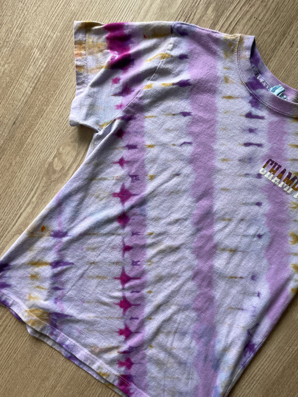 MEDIUM Women’s Champion Handmade Tie Dye T-Shirt | One-Of-a-Kind Pink and Gold Short Sleeve