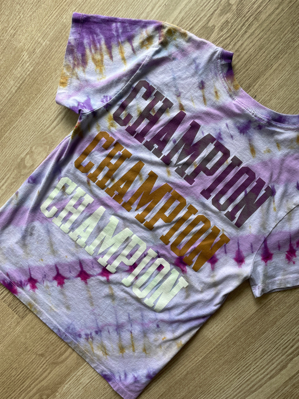 MEDIUM Women’s Champion Handmade Tie Dye T-Shirt | One-Of-a-Kind Pink and Gold Short Sleeve