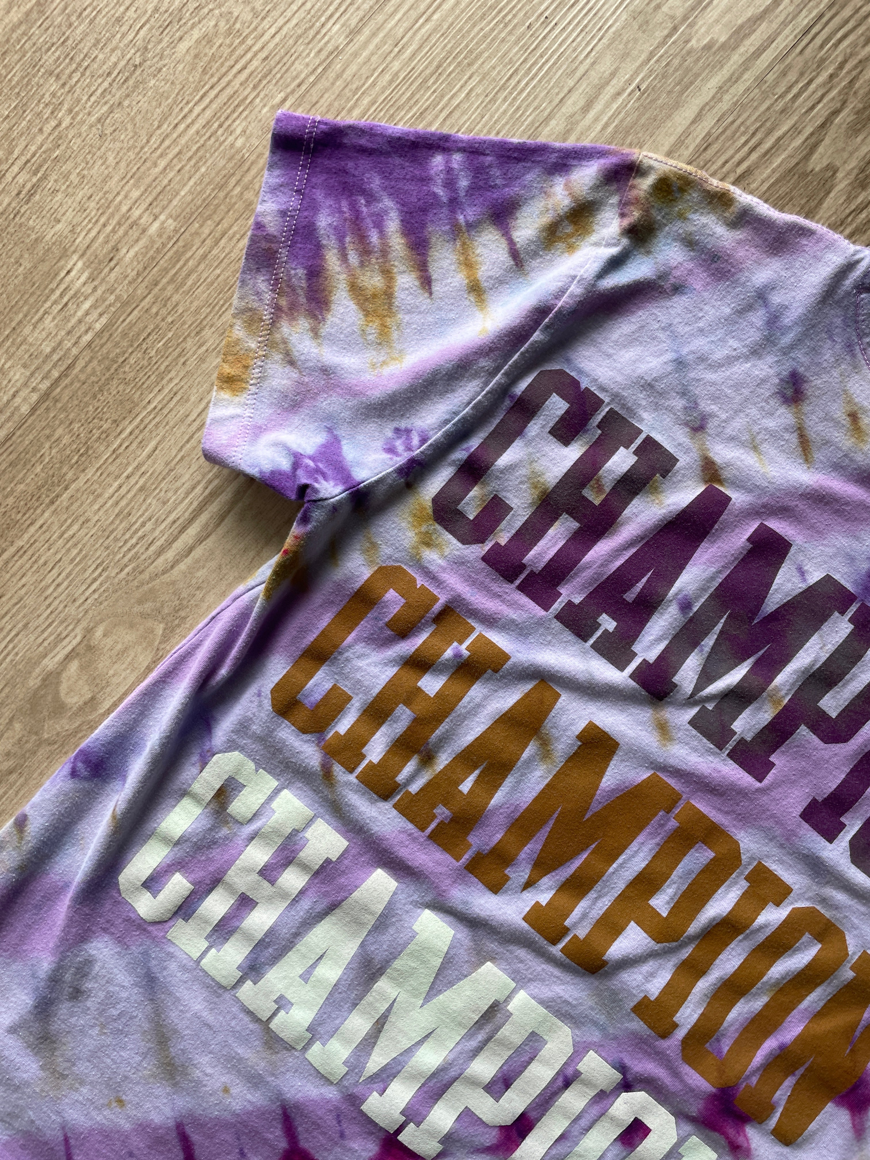 MEDIUM Women’s Champion Handmade Tie Dye T-Shirt | One-Of-a-Kind Pink and Gold Short Sleeve