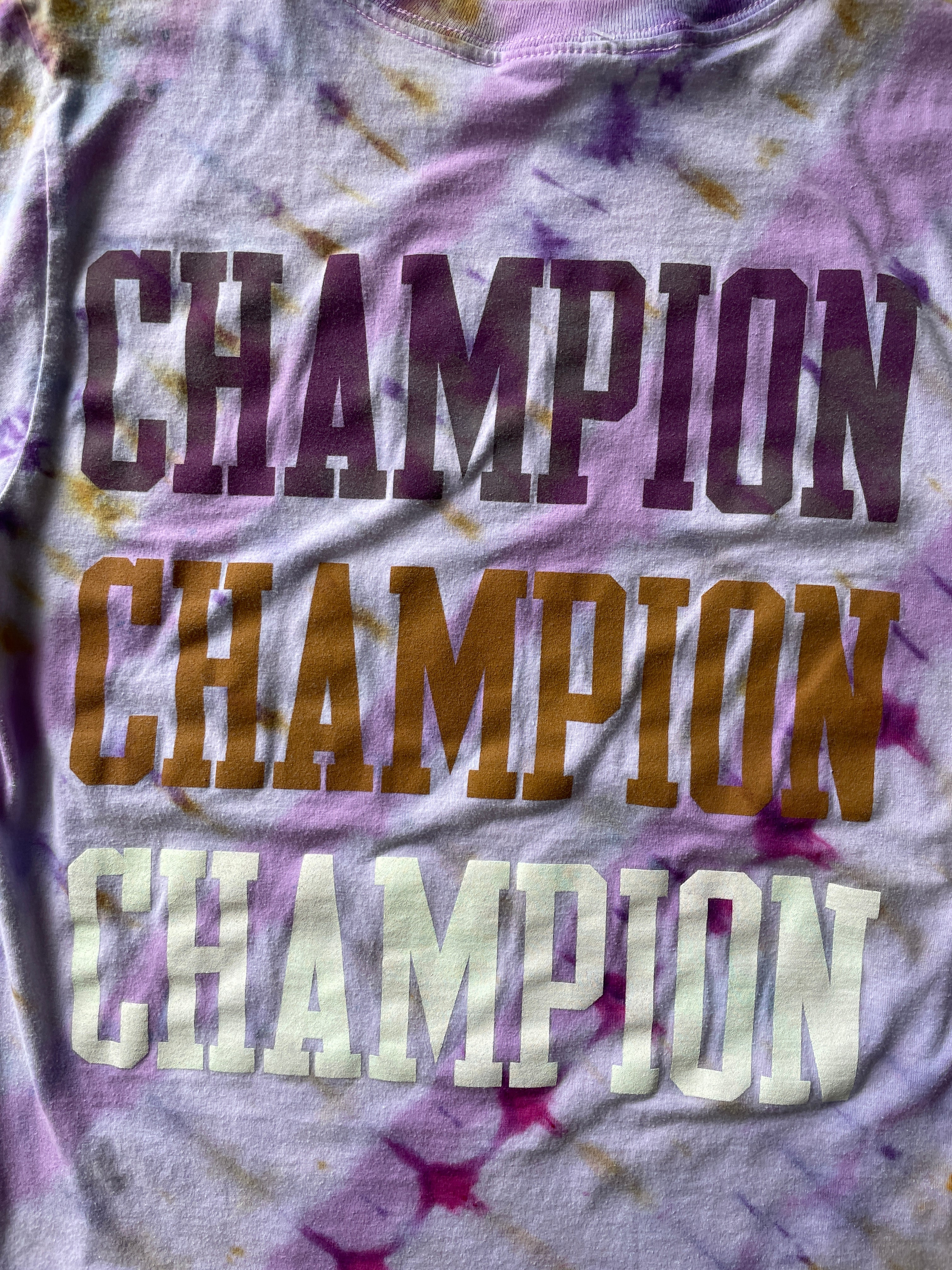 MEDIUM Women’s Champion Handmade Tie Dye T-Shirt | One-Of-a-Kind Pink and Gold Short Sleeve