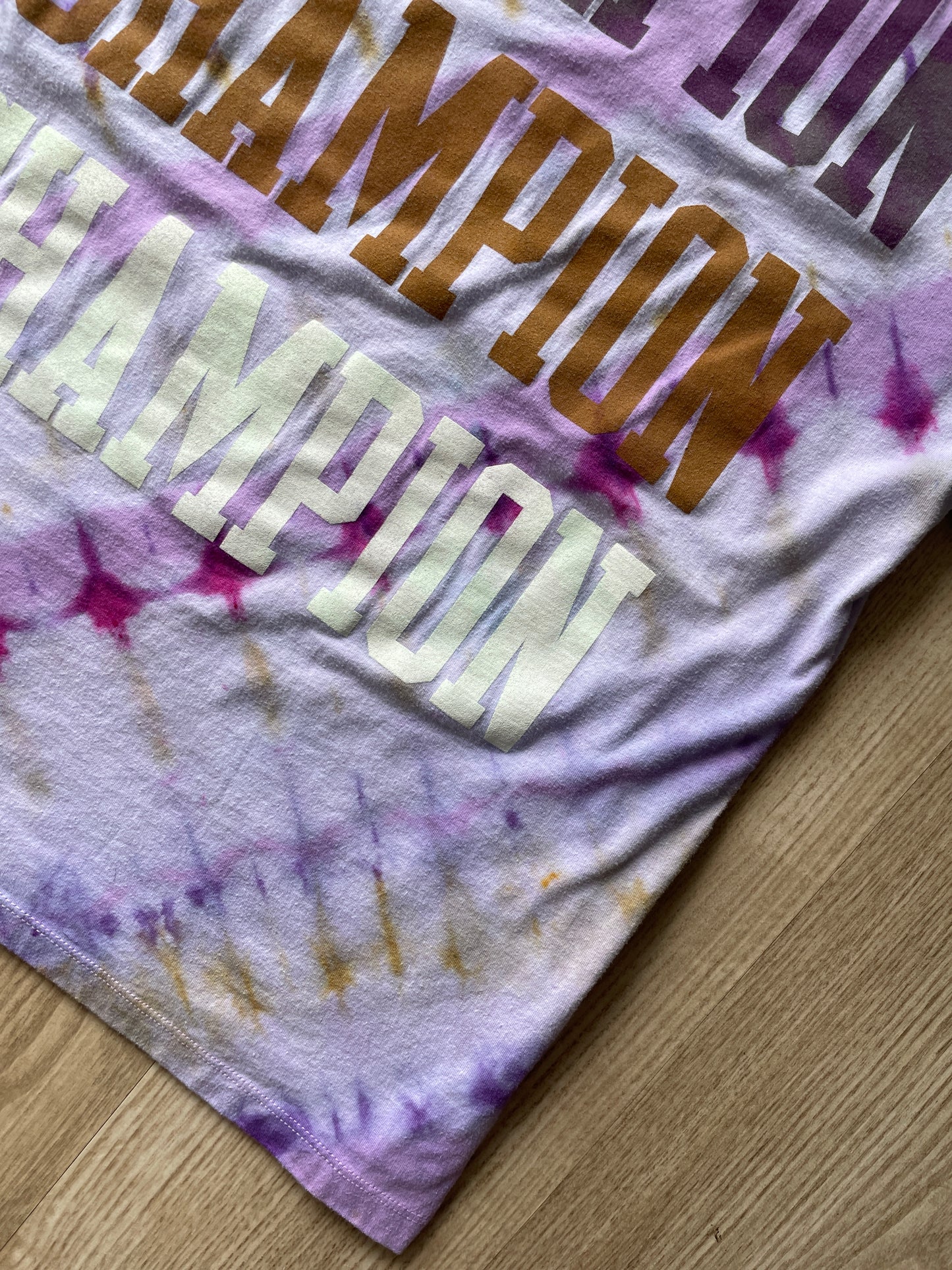 MEDIUM Women’s Champion Handmade Tie Dye T-Shirt | One-Of-a-Kind Pink and Gold Short Sleeve