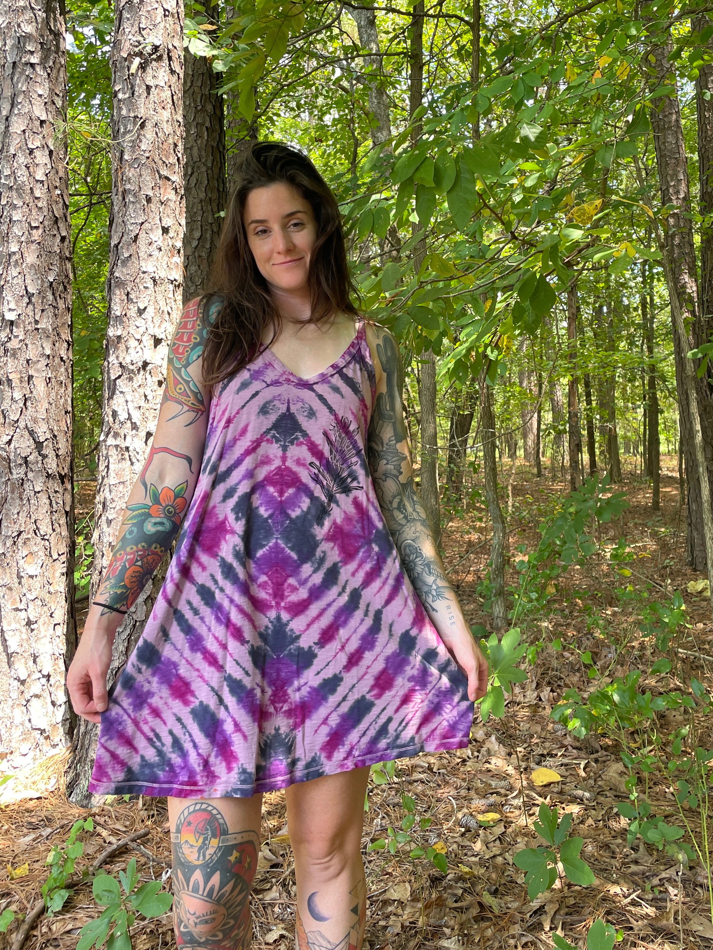 MEDIUM Women’s Handmade Tie Dye Dress | One-Of-a-Kind Upcycled Sleeveless Dress with Indian Paintbrush Block Print