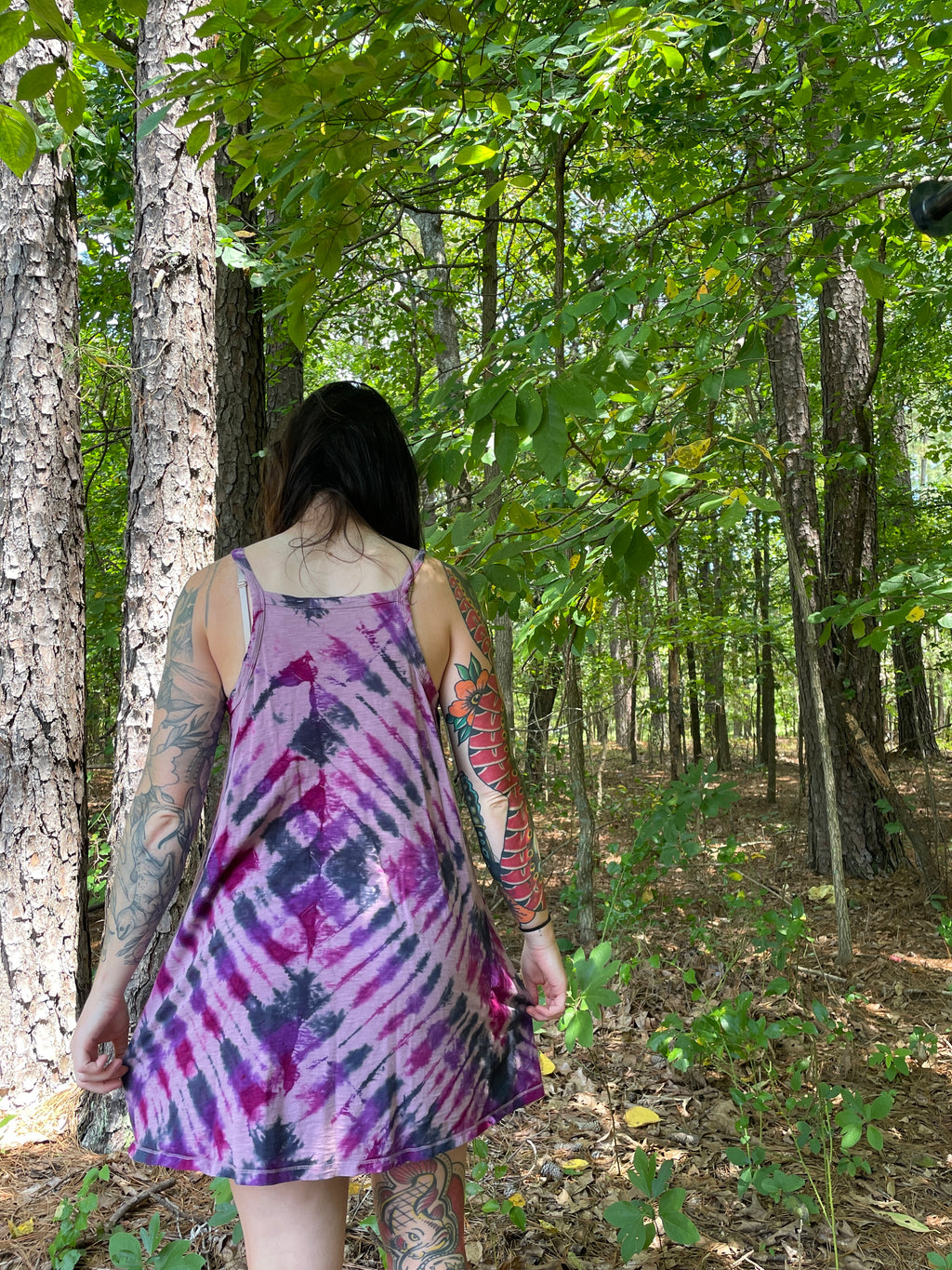 MEDIUM Women’s Handmade Tie Dye Dress | One-Of-a-Kind Upcycled Sleeveless Dress with Indian Paintbrush Block Print