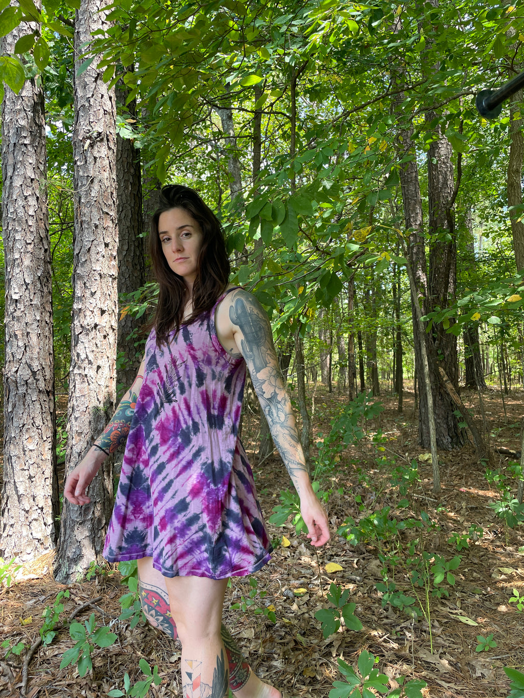 MEDIUM Women’s Handmade Tie Dye Dress | One-Of-a-Kind Upcycled Sleeveless Dress with Indian Paintbrush Block Print