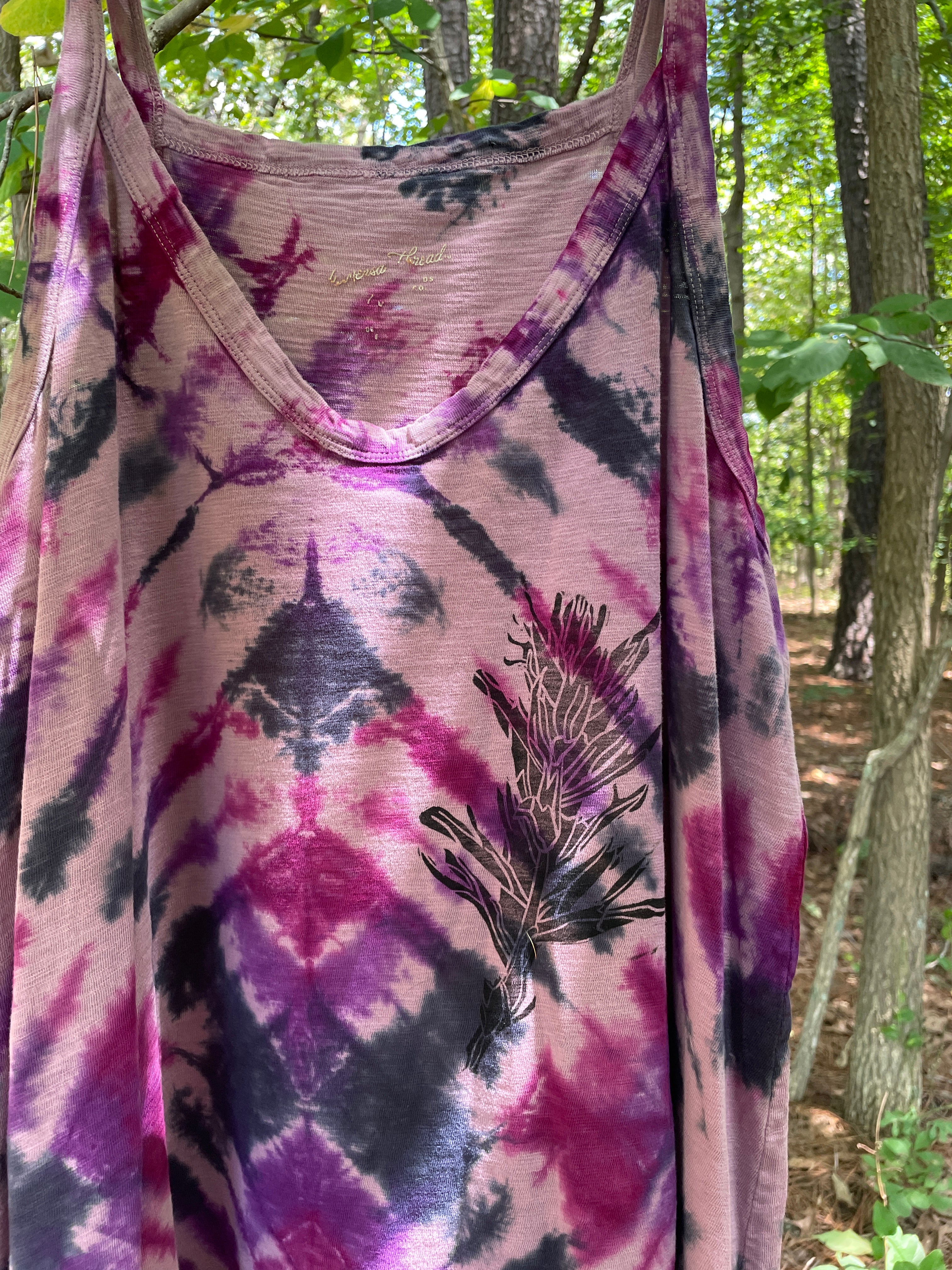 MEDIUM Women’s Handmade Tie Dye Dress | One-Of-a-Kind Upcycled Sleeveless Dress with Indian Paintbrush Block Print