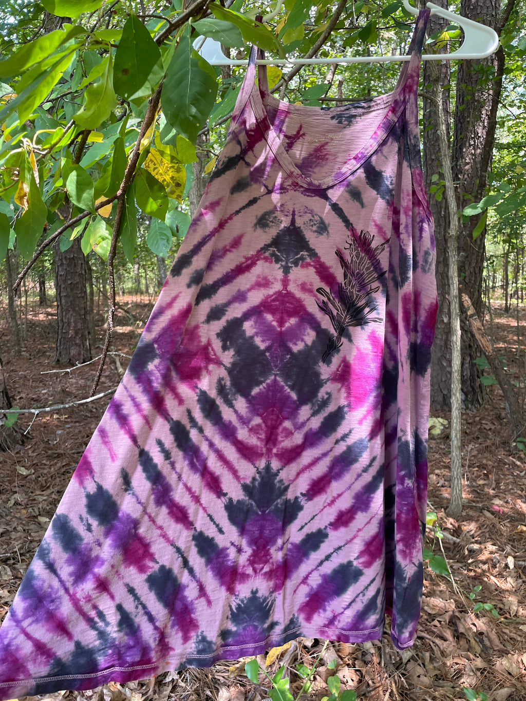 MEDIUM Women’s Handmade Tie Dye Dress | One-Of-a-Kind Upcycled Sleeveless Dress with Indian Paintbrush Block Print