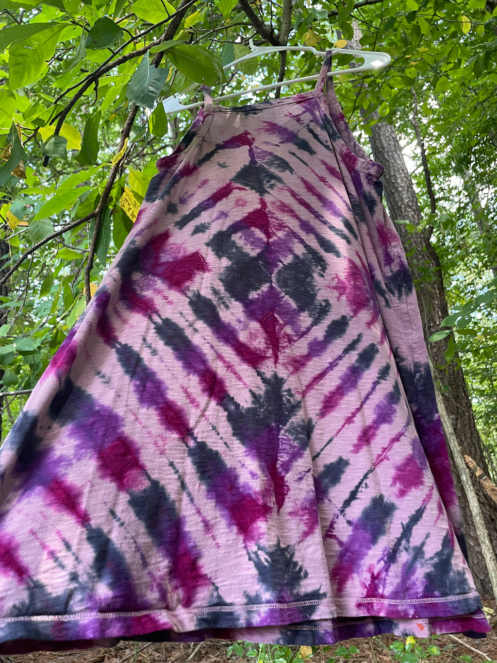 MEDIUM Women’s Handmade Tie Dye Dress | One-Of-a-Kind Upcycled Sleeveless Dress with Indian Paintbrush Block Print