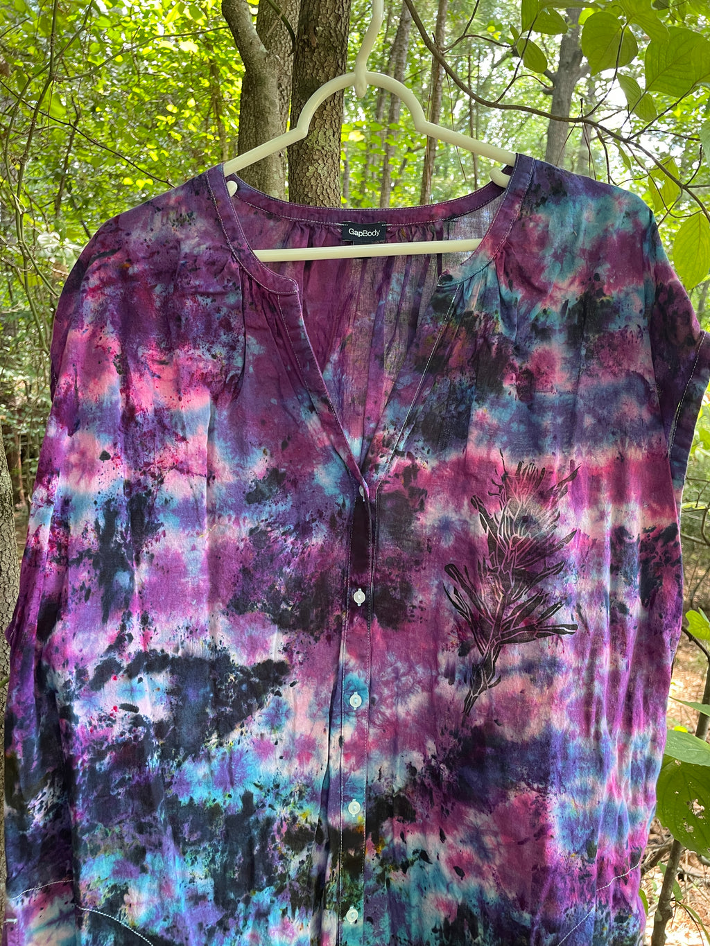 MEDIUM Women’s Handmade Tie Dye Maxi Dress (WITH POCKETS!) | One-Of-a-Kind Upcycled Short Sleeve Dress with Indian Paintbrush Block Print