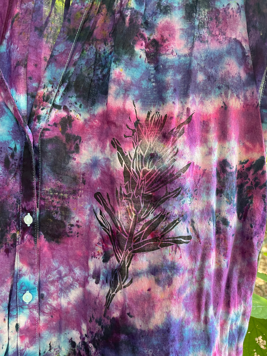 MEDIUM Women’s Handmade Tie Dye Maxi Dress (WITH POCKETS!) | One-Of-a-Kind Upcycled Short Sleeve Dress with Indian Paintbrush Block Print