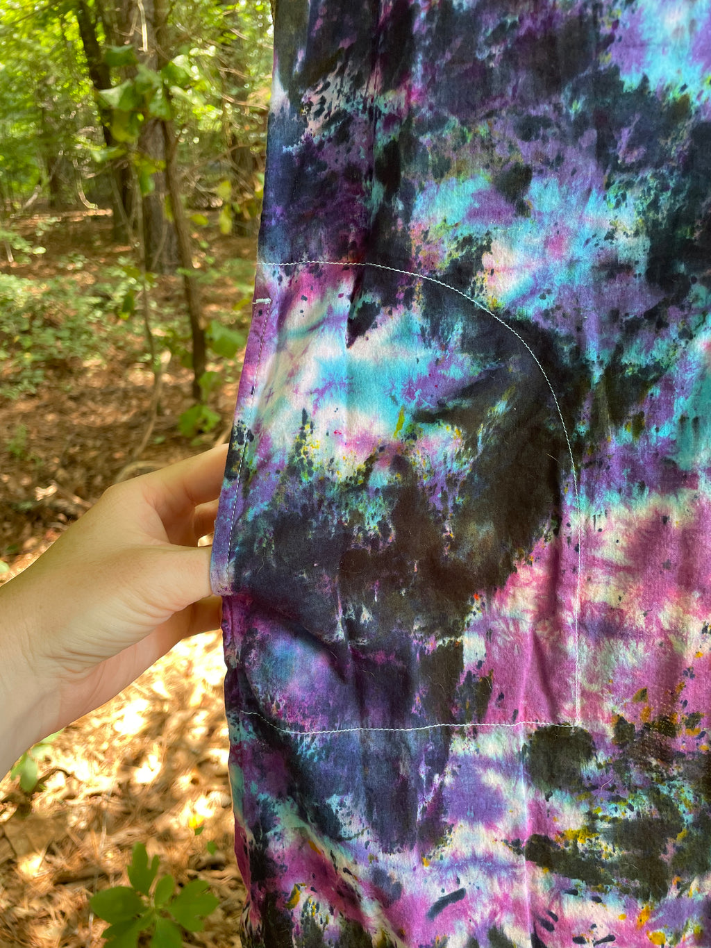 MEDIUM Women’s Handmade Tie Dye Maxi Dress (WITH POCKETS!) | One-Of-a-Kind Upcycled Short Sleeve Dress with Indian Paintbrush Block Print