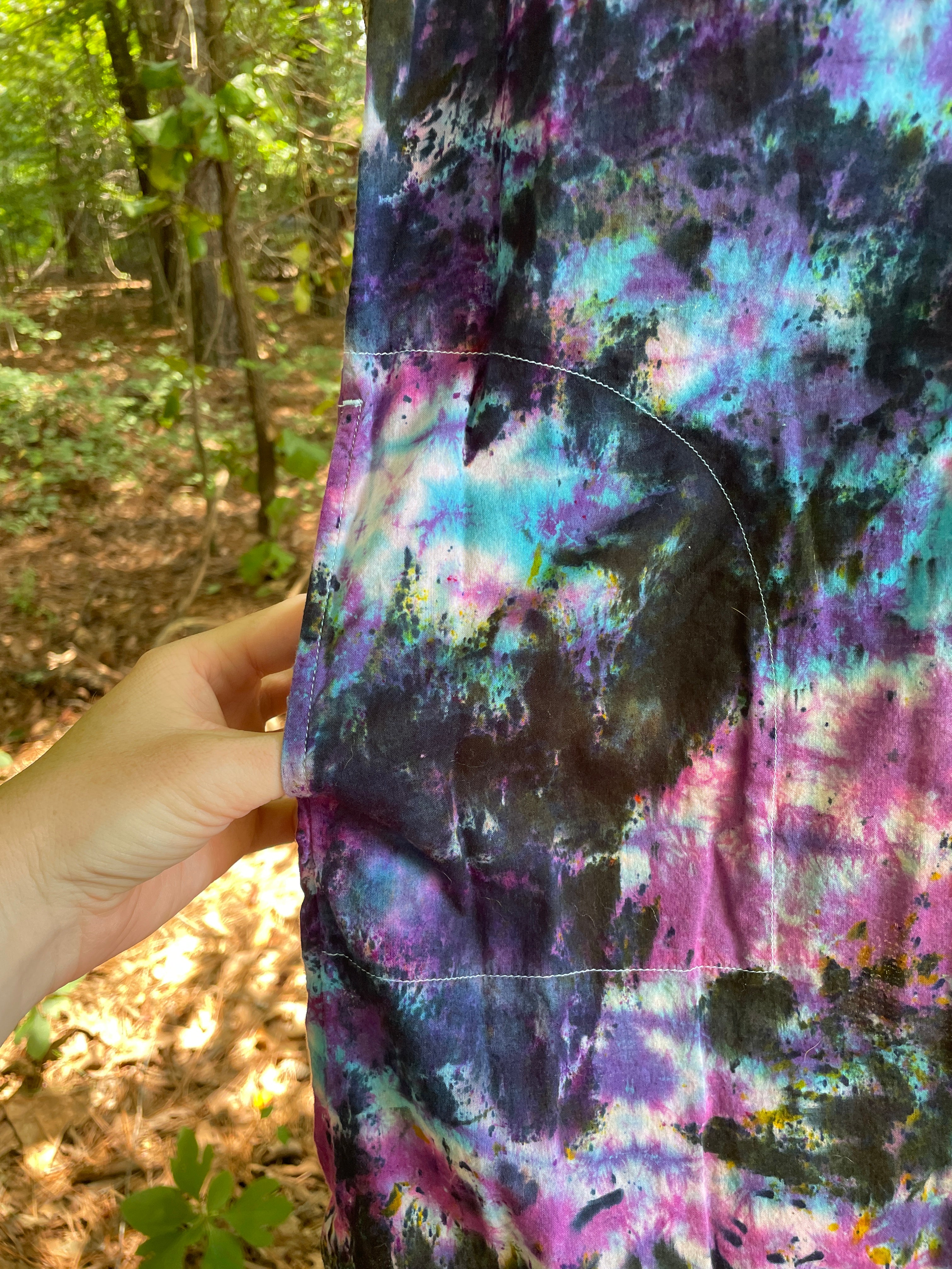 MEDIUM Women’s Handmade Tie Dye Maxi Dress (WITH POCKETS!) | One-Of-a-Kind Upcycled Short Sleeve Dress with Indian Paintbrush Block Print