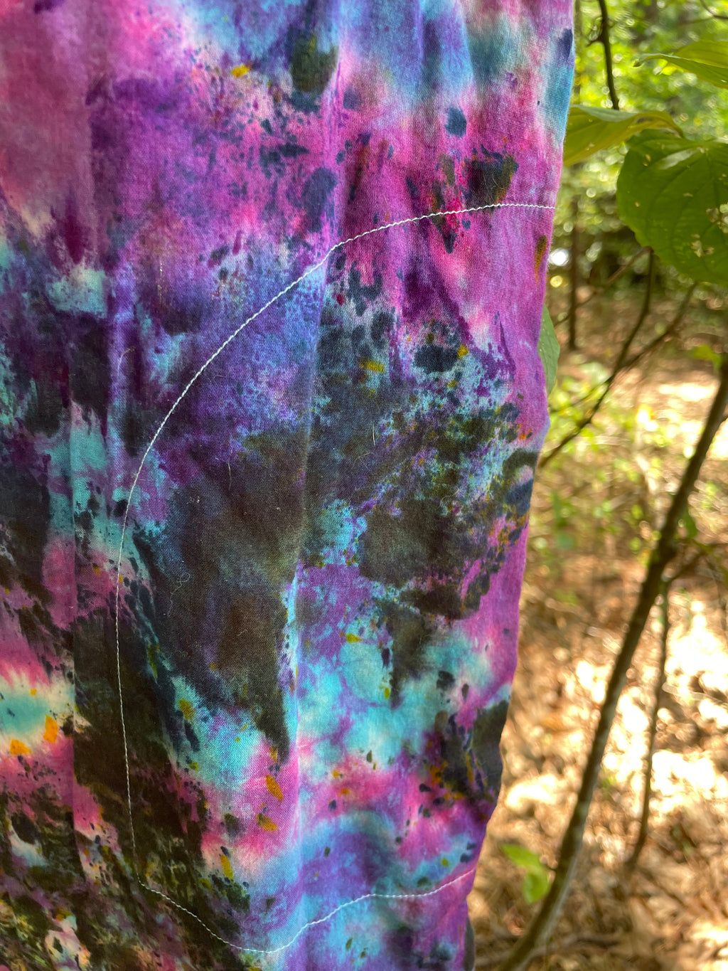 MEDIUM Women’s Handmade Tie Dye Maxi Dress (WITH POCKETS!) | One-Of-a-Kind Upcycled Short Sleeve Dress with Indian Paintbrush Block Print