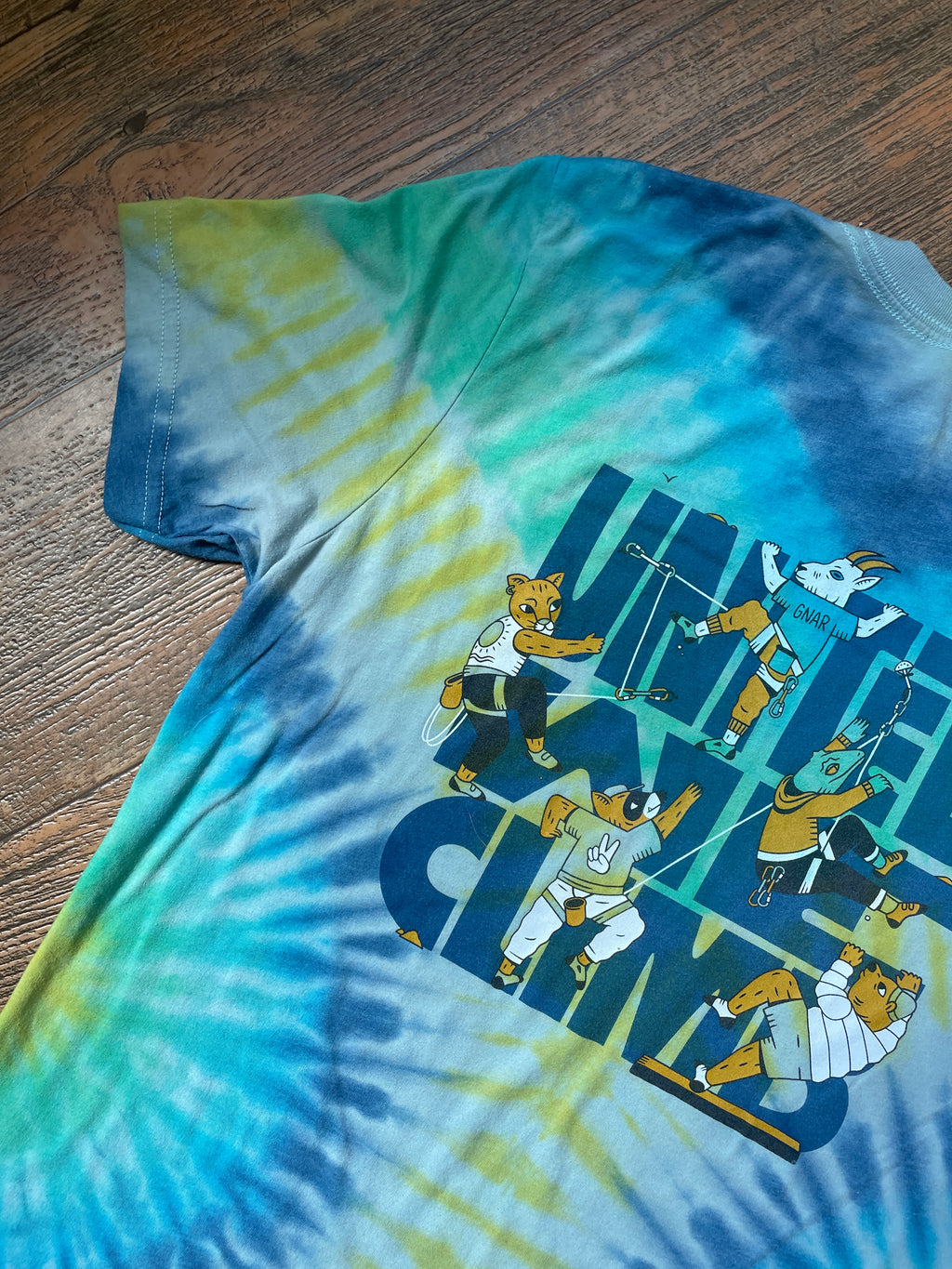 American Alpine Club United We Climb Blue and Green Tie Dye Short Sleeve T-Shirt | Men's Medium