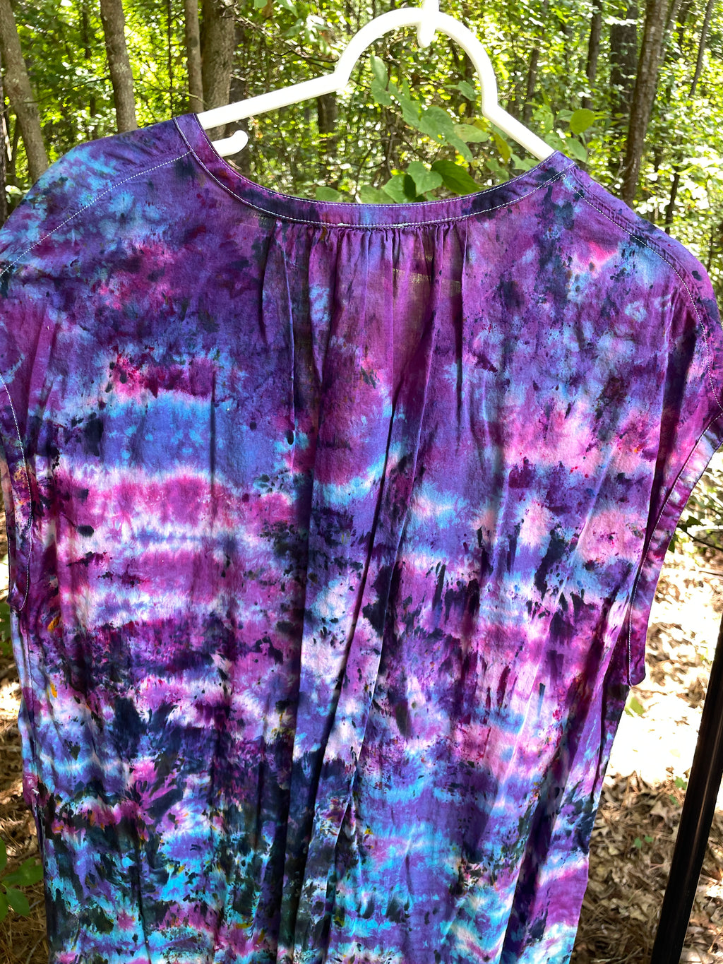 MEDIUM Women’s Handmade Tie Dye Maxi Dress (WITH POCKETS!) | One-Of-a-Kind Upcycled Short Sleeve Dress with Indian Paintbrush Block Print