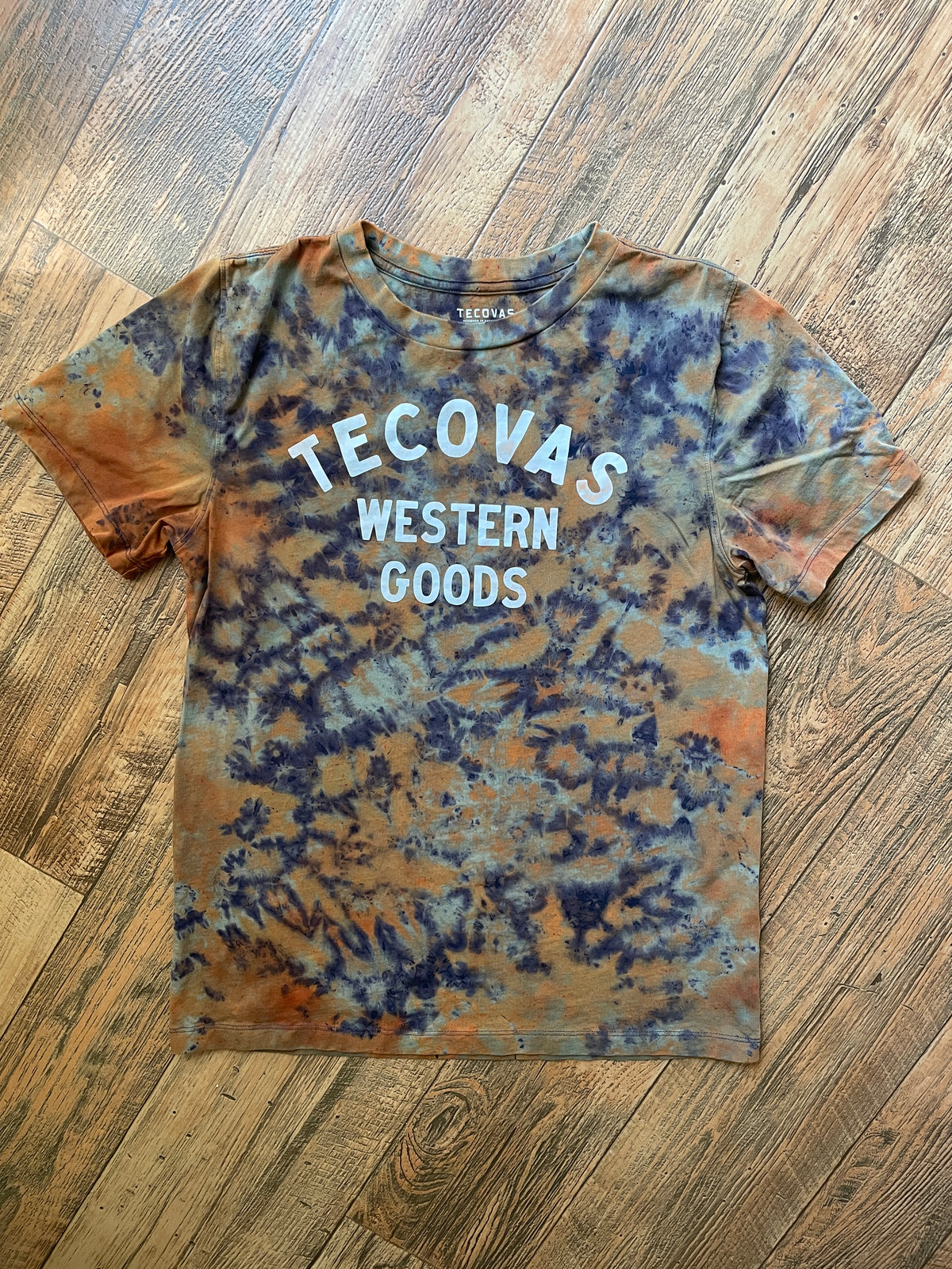 Tecovas Western Goods Blue and Brown Reverse Tie Dye Short Sleeve T-Shirt | Men's Medium