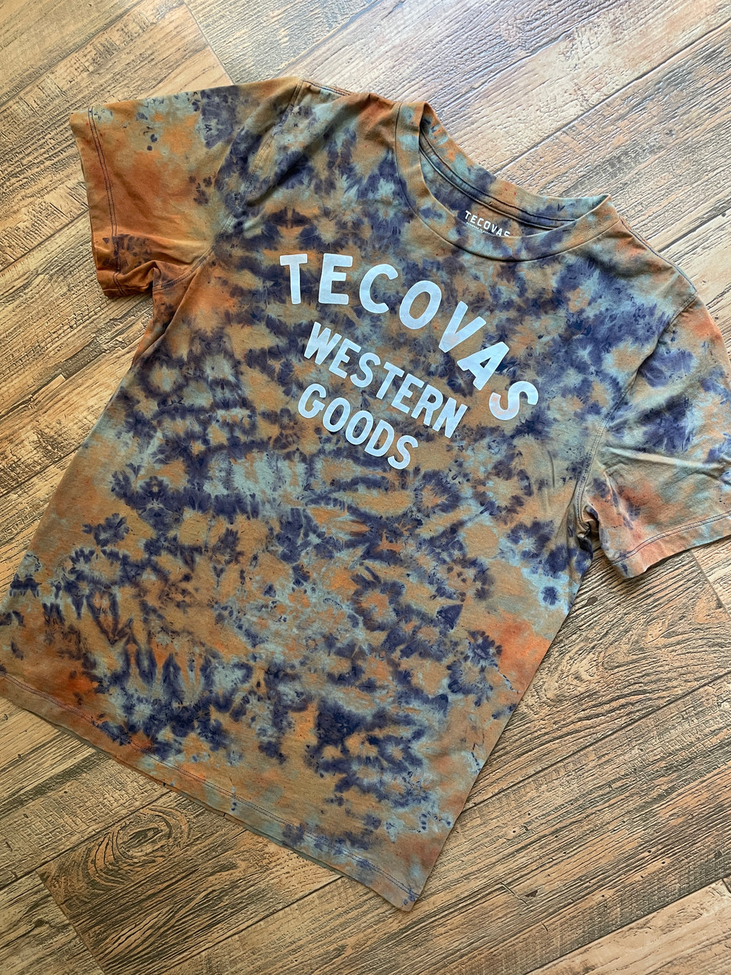 Tecovas Western Goods Blue and Brown Reverse Tie Dye Short Sleeve T-Shirt | Men's Medium