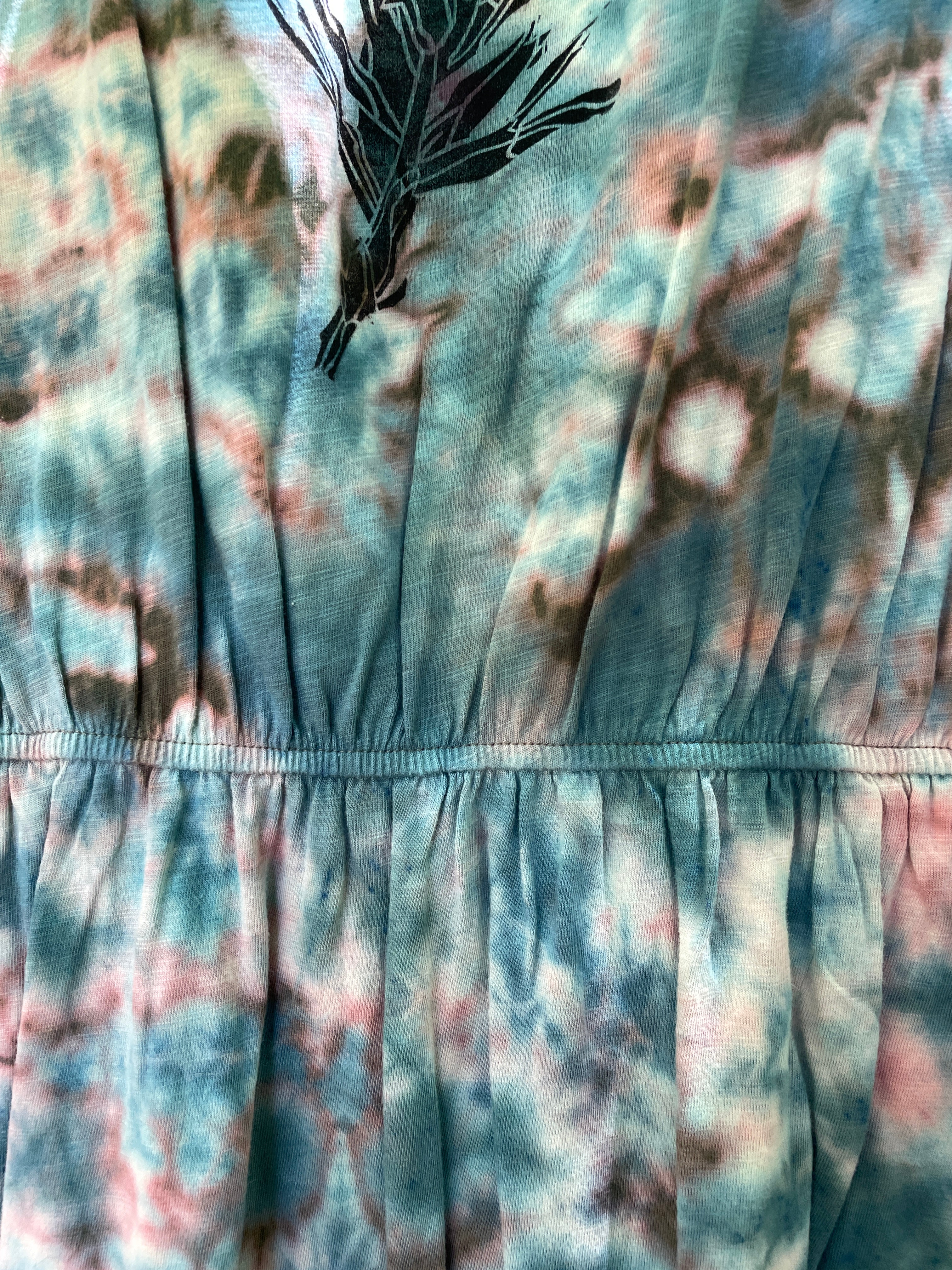 LARGE Women’s Handmade Tie Dye Knee-Length Dress (WITH POCKETS!) | One-Of-a-Kind Upcycled Short Sleeve Dress with Indian Paintbrush Block Print