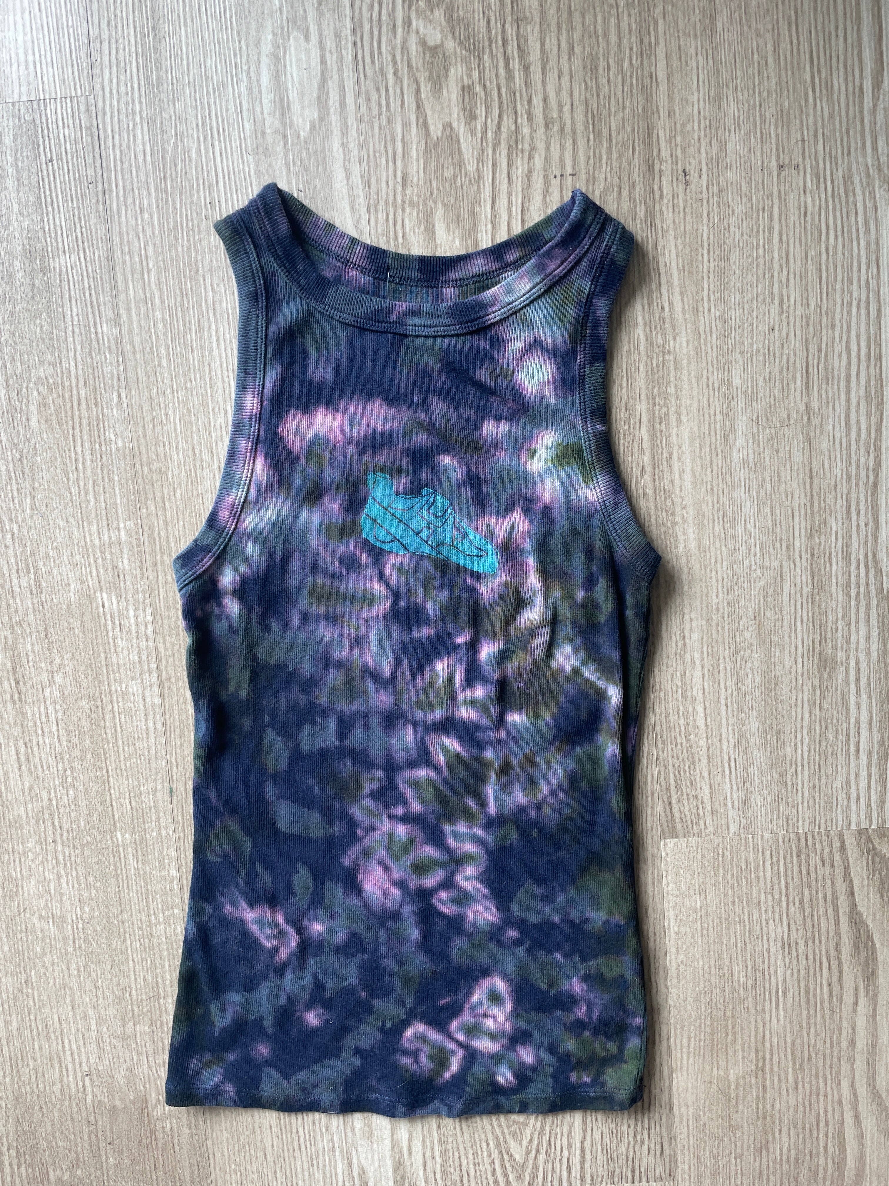 XS Women's Climbing Shoe Handmade Tie Dye Tank Top | One-Of-a-Kind Navy Blue and Green Sleeveless Shirt