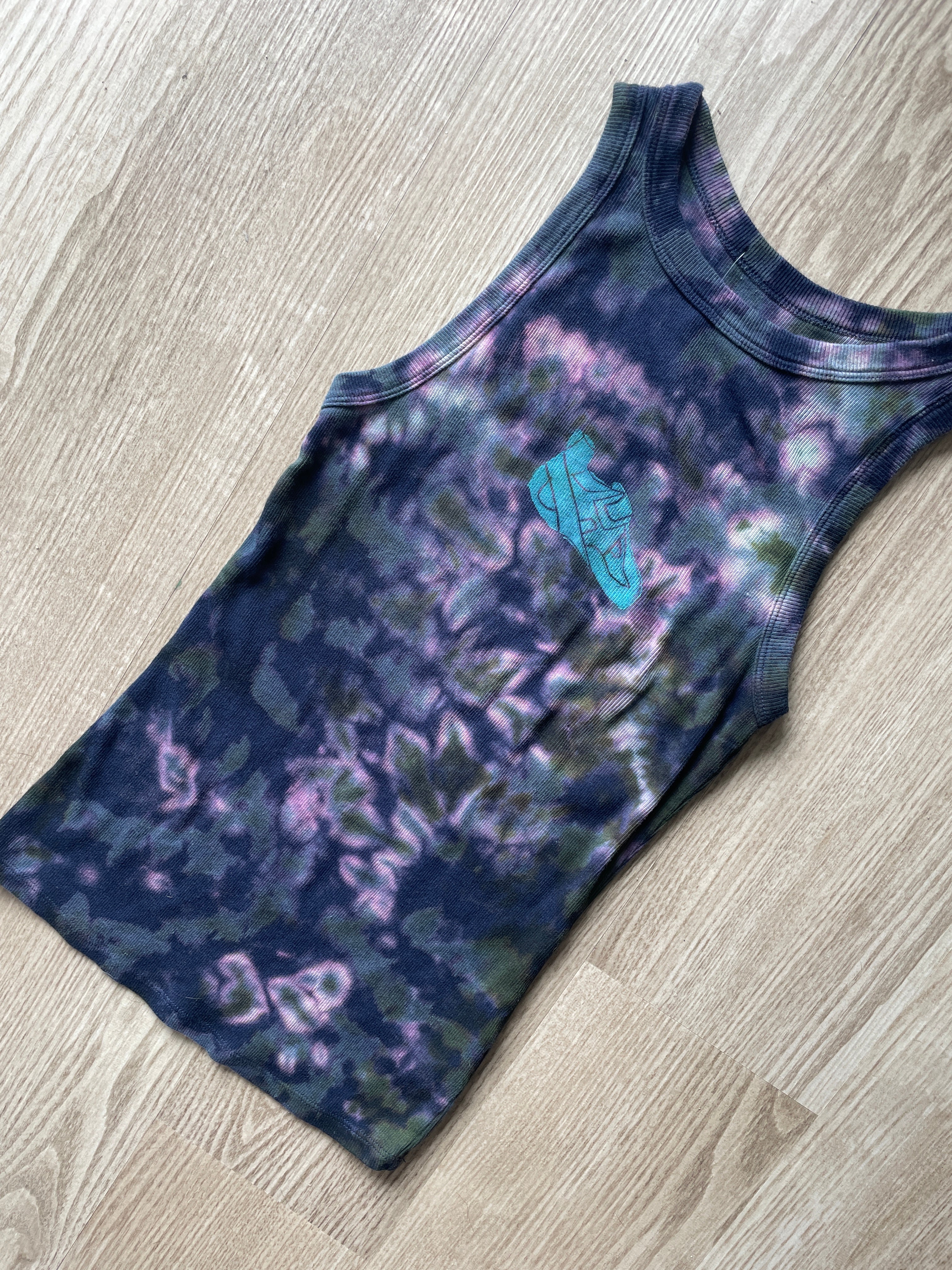 XS Women's Climbing Shoe Handmade Tie Dye Tank Top | One-Of-a-Kind Navy Blue and Green Sleeveless Shirt