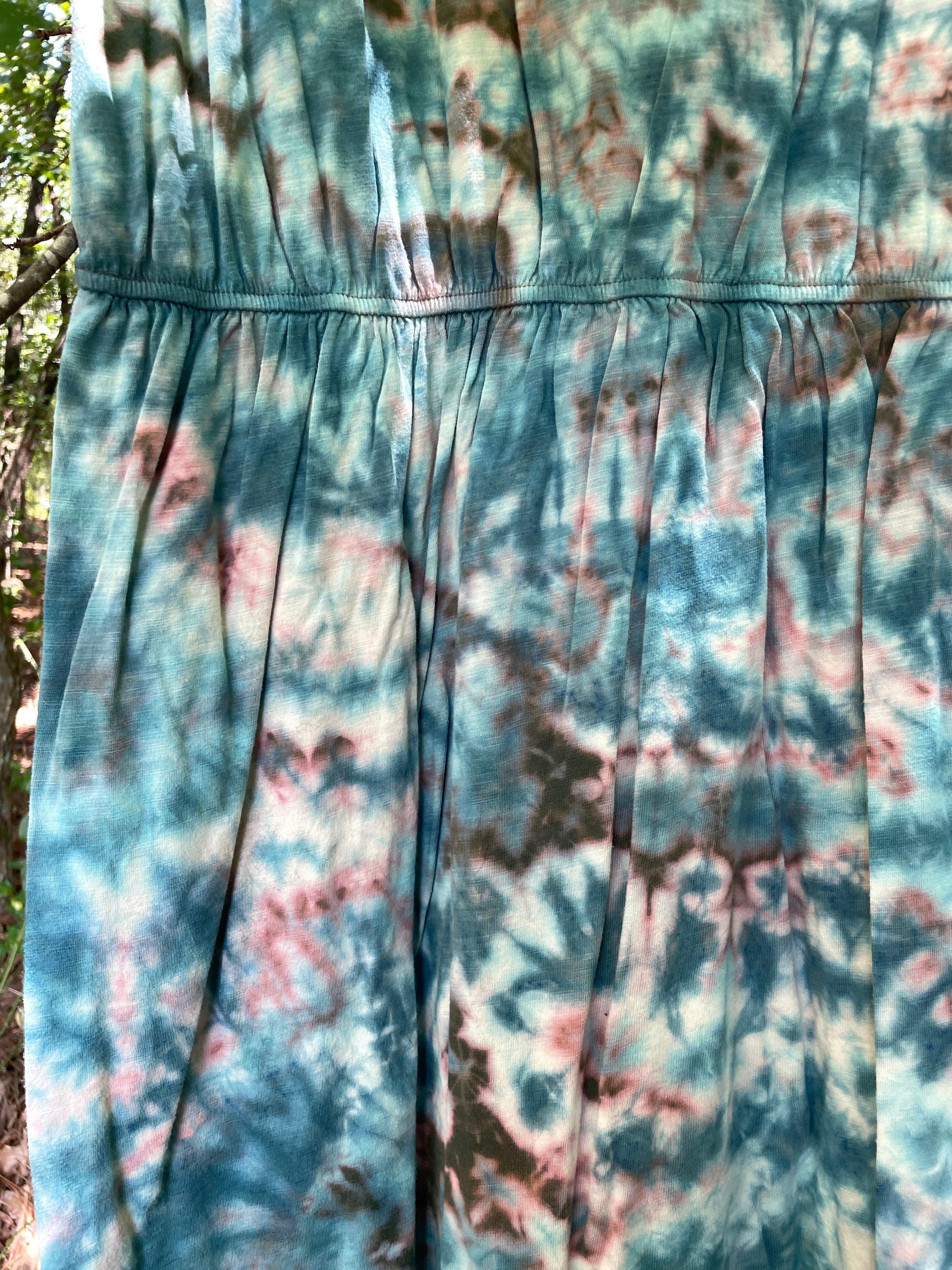 LARGE Women’s Handmade Tie Dye Knee-Length Dress (WITH POCKETS!) | One-Of-a-Kind Upcycled Short Sleeve Dress with Indian Paintbrush Block Print