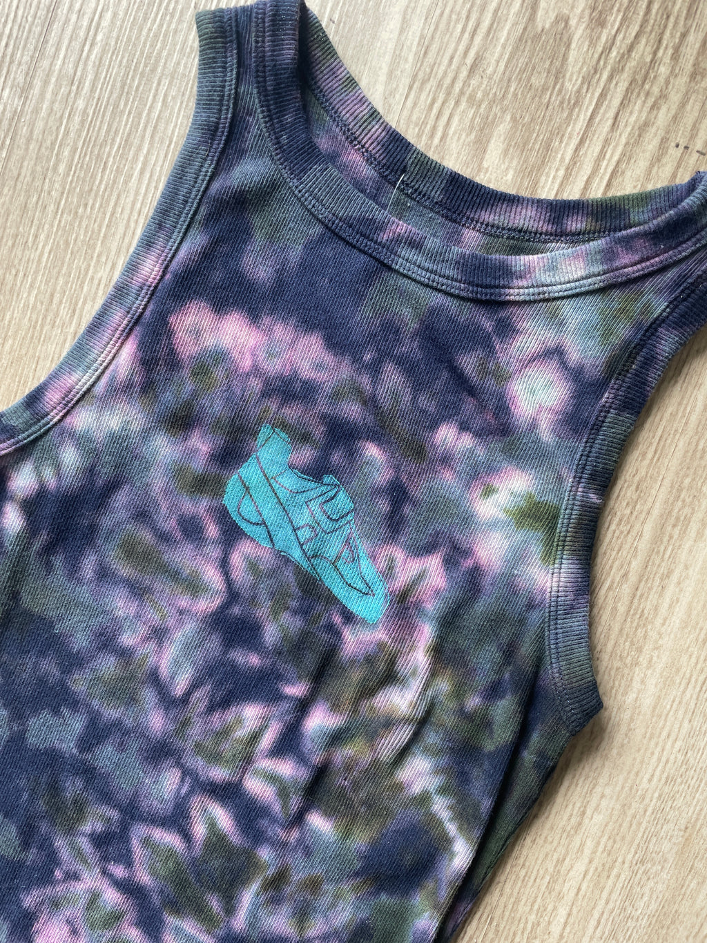 XS Women's Climbing Shoe Handmade Tie Dye Tank Top | One-Of-a-Kind Navy Blue and Green Sleeveless Shirt