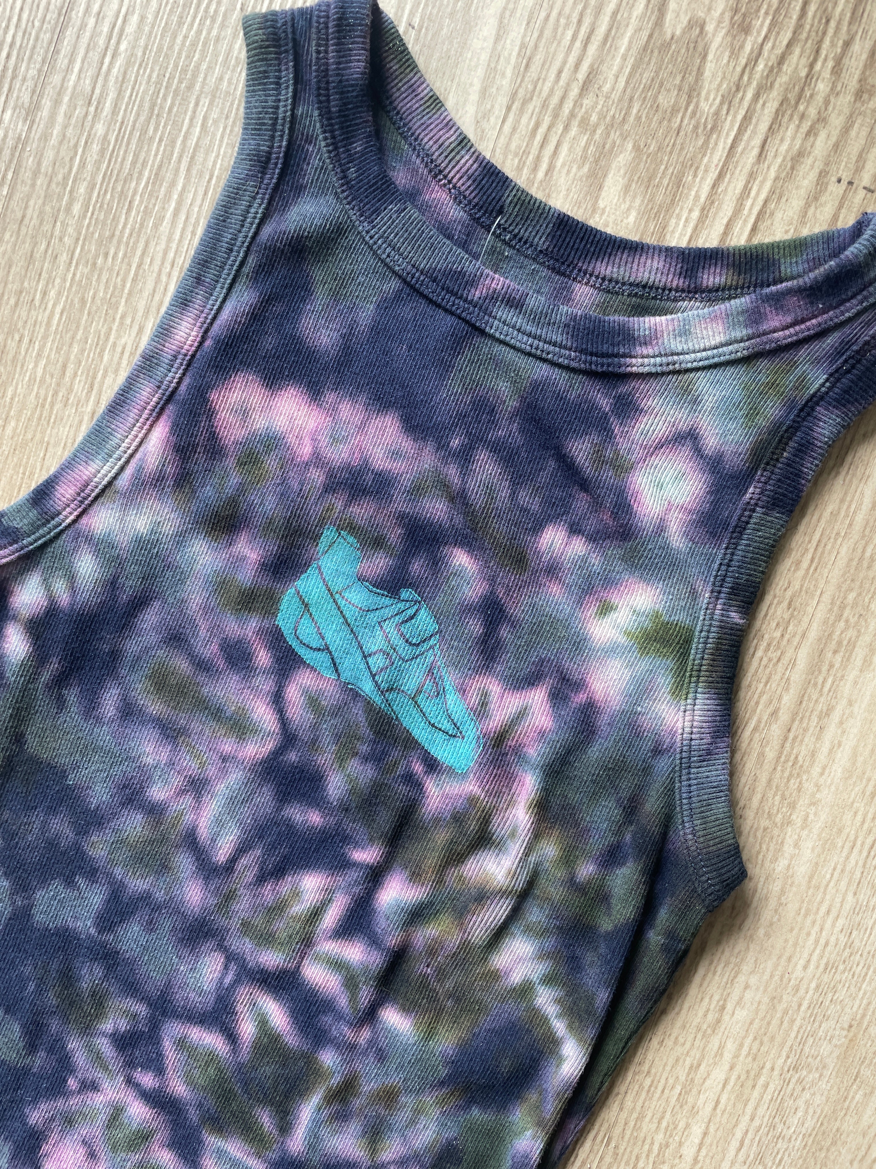 XS Women's Climbing Shoe Handmade Tie Dye Tank Top | One-Of-a-Kind Navy Blue and Green Sleeveless Shirt