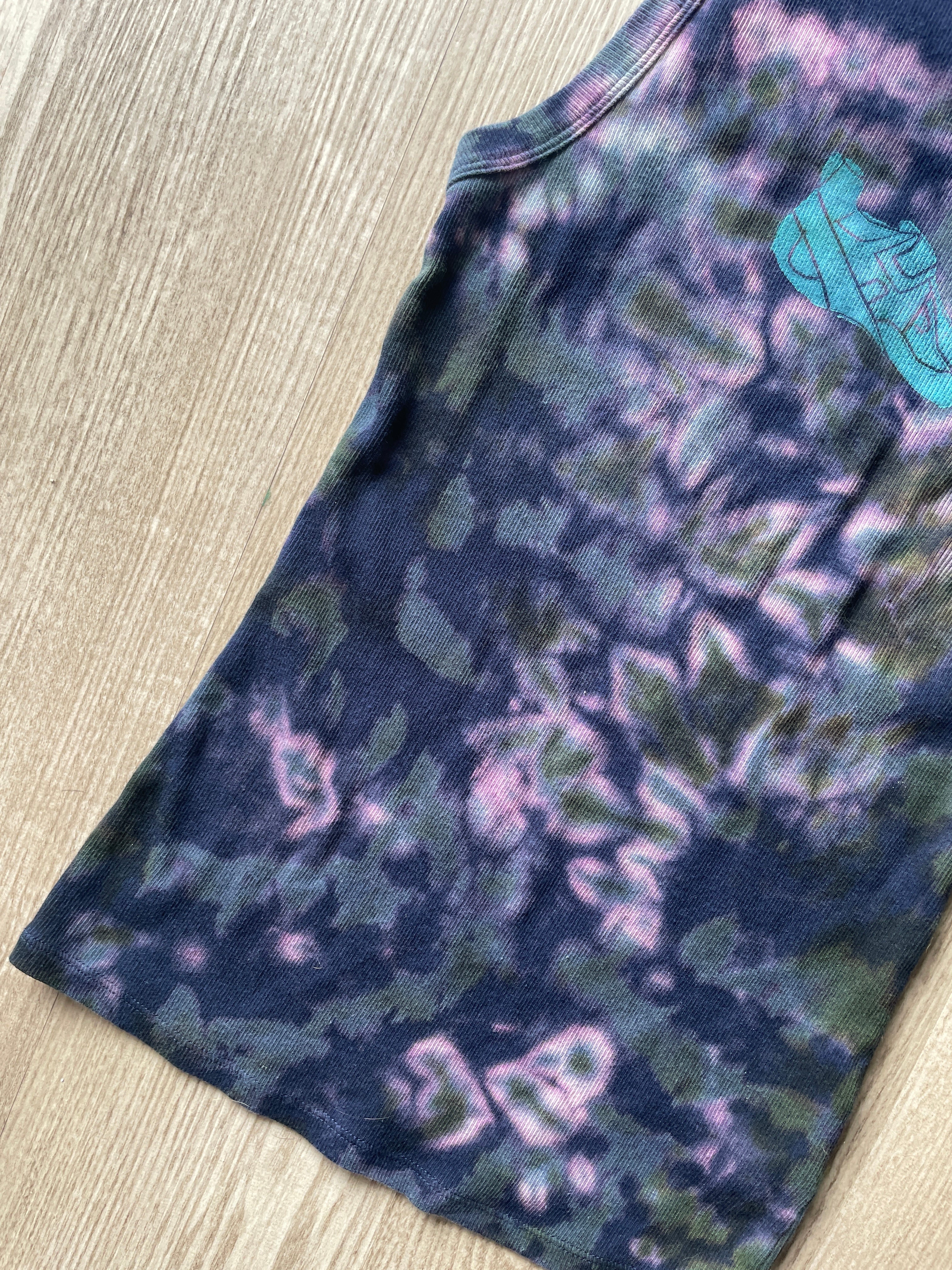 XS Women's Climbing Shoe Handmade Tie Dye Tank Top | One-Of-a-Kind Navy Blue and Green Sleeveless Shirt