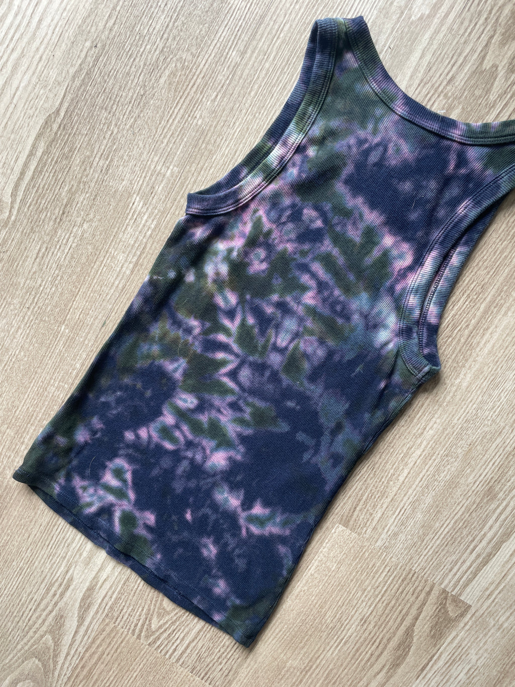 XS Women's Climbing Shoe Handmade Tie Dye Tank Top | One-Of-a-Kind Navy Blue and Green Sleeveless Shirt