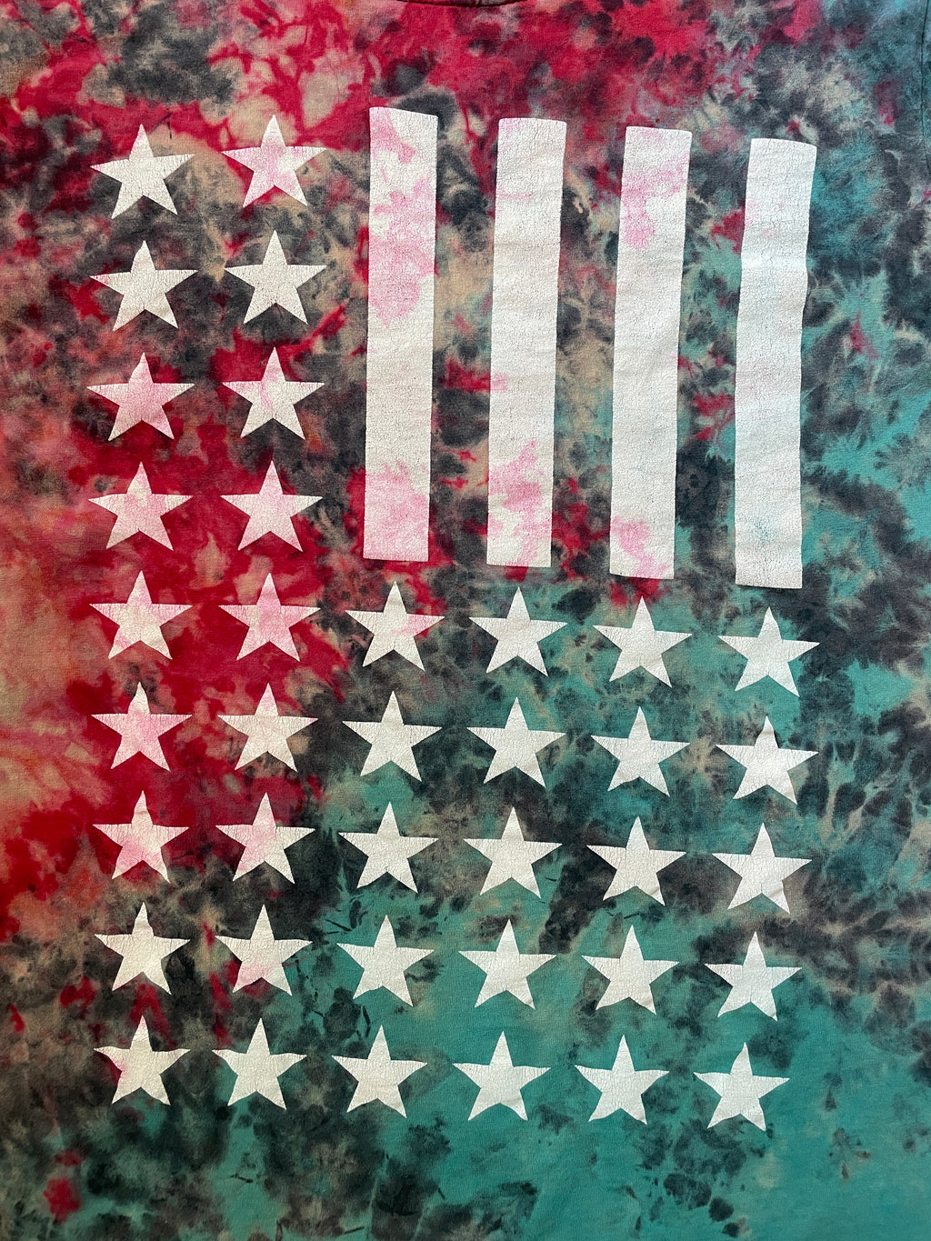 Red, White, and Blue Stars and Stripes Reverse Tie Dye Short Sleeve T-Shirt | Men's Small/Medium