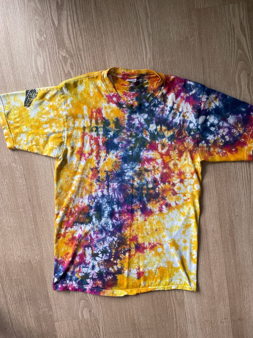 MEDIUM Men’s Climbing Shoe Handmade Tie Dye T-Shirt | One-Of-a-Kind Yellow and Pink Crumpled Short Sleeve