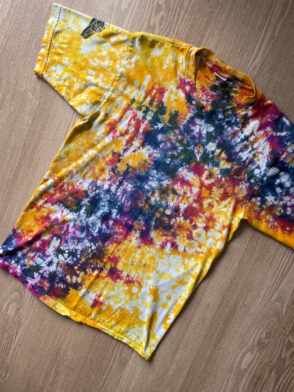 MEDIUM Men’s Climbing Shoe Handmade Tie Dye T-Shirt | One-Of-a-Kind Yellow and Pink Crumpled Short Sleeve