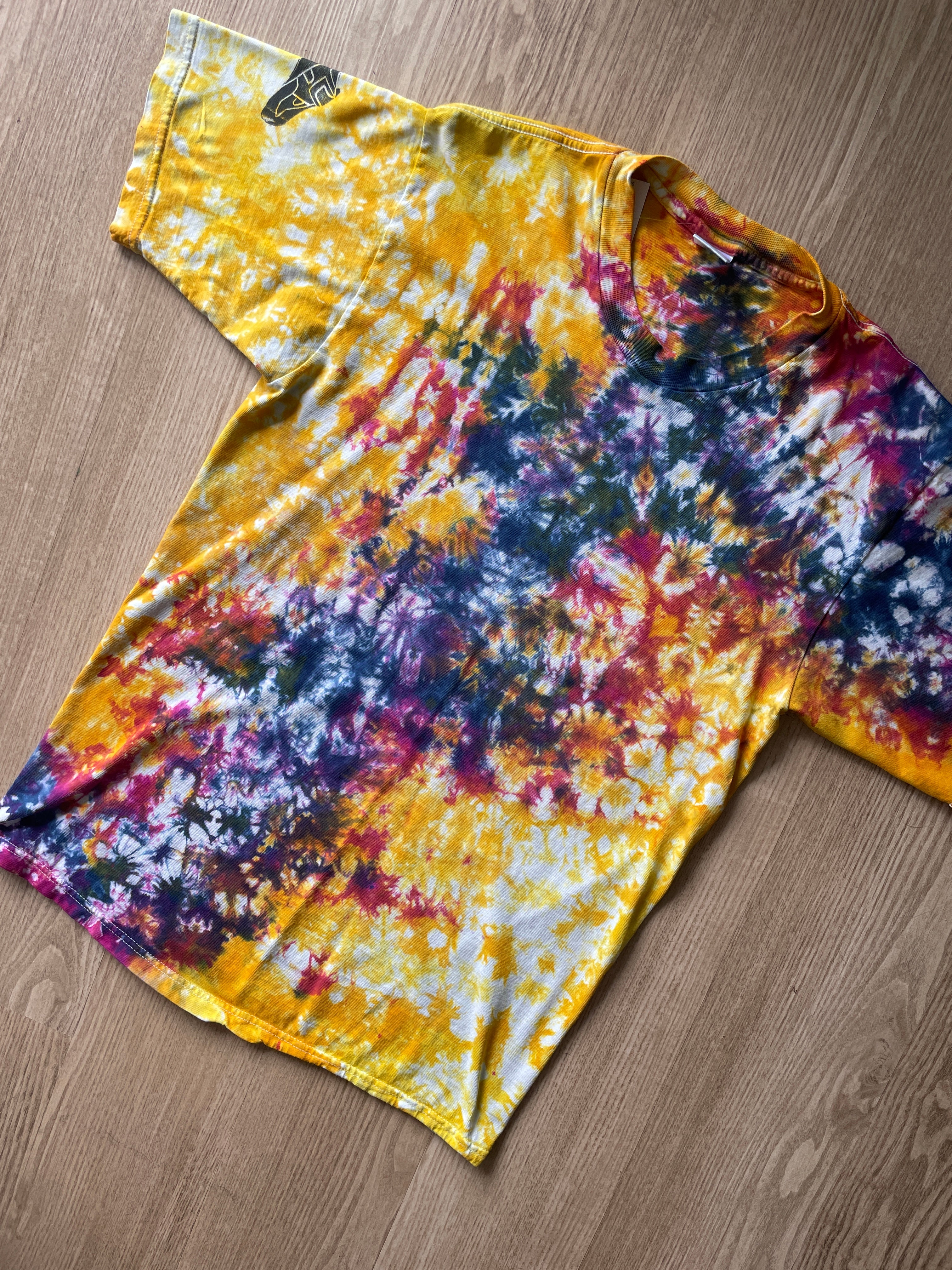 MEDIUM Men’s Climbing Shoe Handmade Tie Dye T-Shirt | One-Of-a-Kind Yellow and Pink Crumpled Short Sleeve