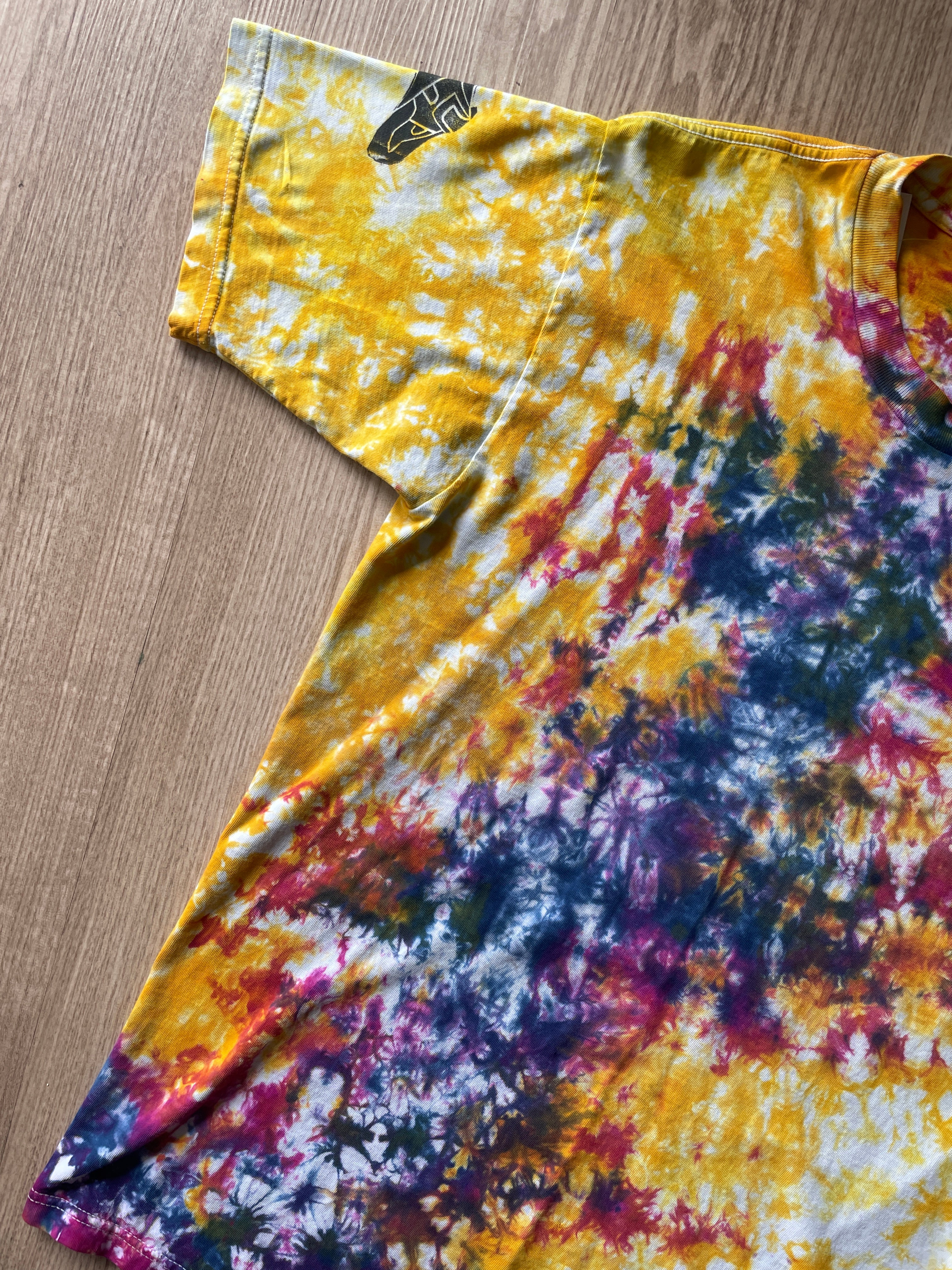 MEDIUM Men’s Climbing Shoe Handmade Tie Dye T-Shirt | One-Of-a-Kind Yellow and Pink Crumpled Short Sleeve