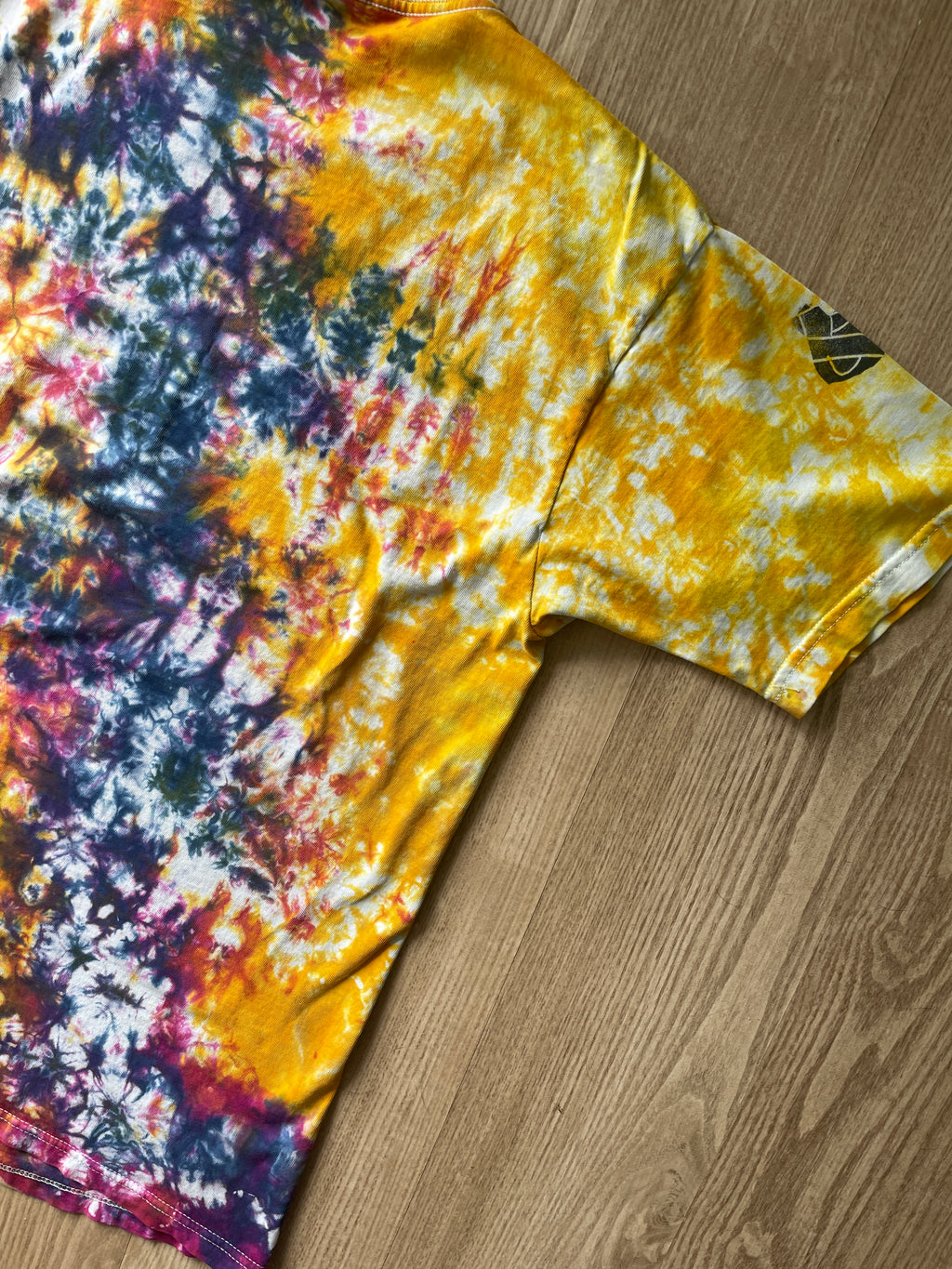 MEDIUM Men’s Climbing Shoe Handmade Tie Dye T-Shirt | One-Of-a-Kind Yellow and Pink Crumpled Short Sleeve