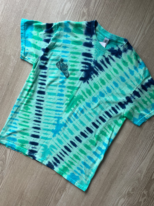 MEDIUM Men’s Climbing Shoe Handmade Tie Dyed T-Shirt | One-Of-a-Kind Green and Blue Pleated Short Sleeve