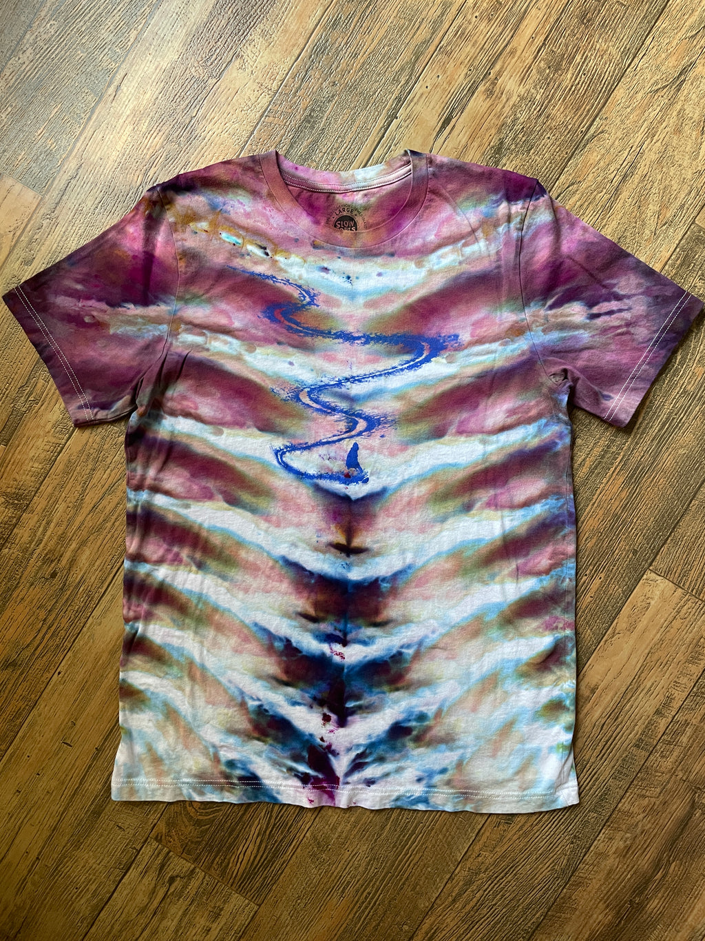 Snowboarder First Run Pink and Blue Tie Dye Short Sleeve T-Shirt | Men's Large
