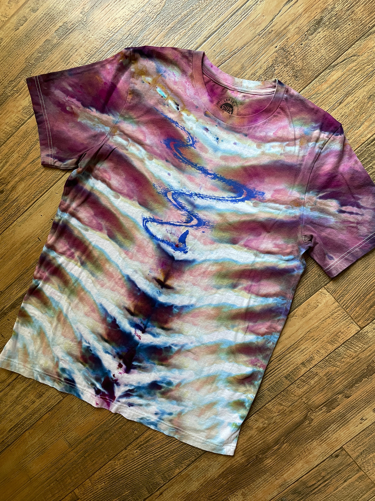 Snowboarder First Run Pink and Blue Tie Dye Short Sleeve T-Shirt | Men's Large