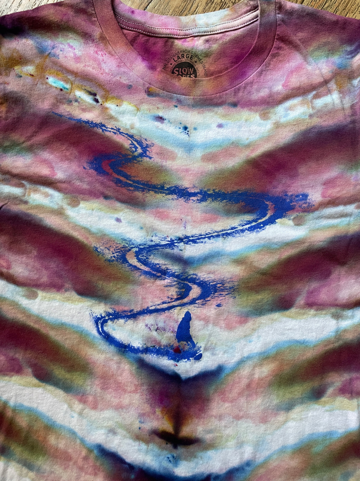 Snowboarder First Run Pink and Blue Tie Dye Short Sleeve T-Shirt | Men's Large